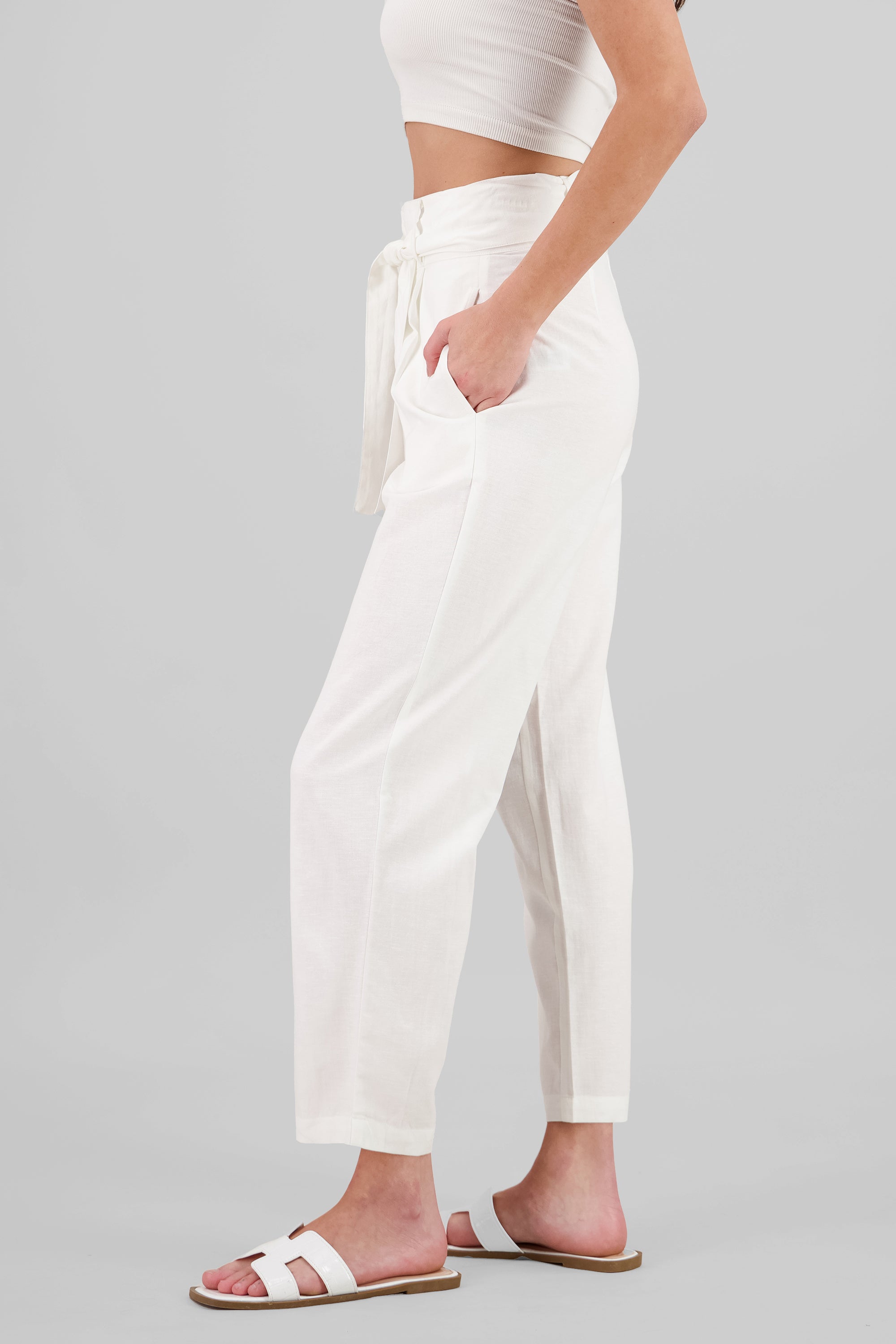 Pantalon straight mezcla lino HUESO