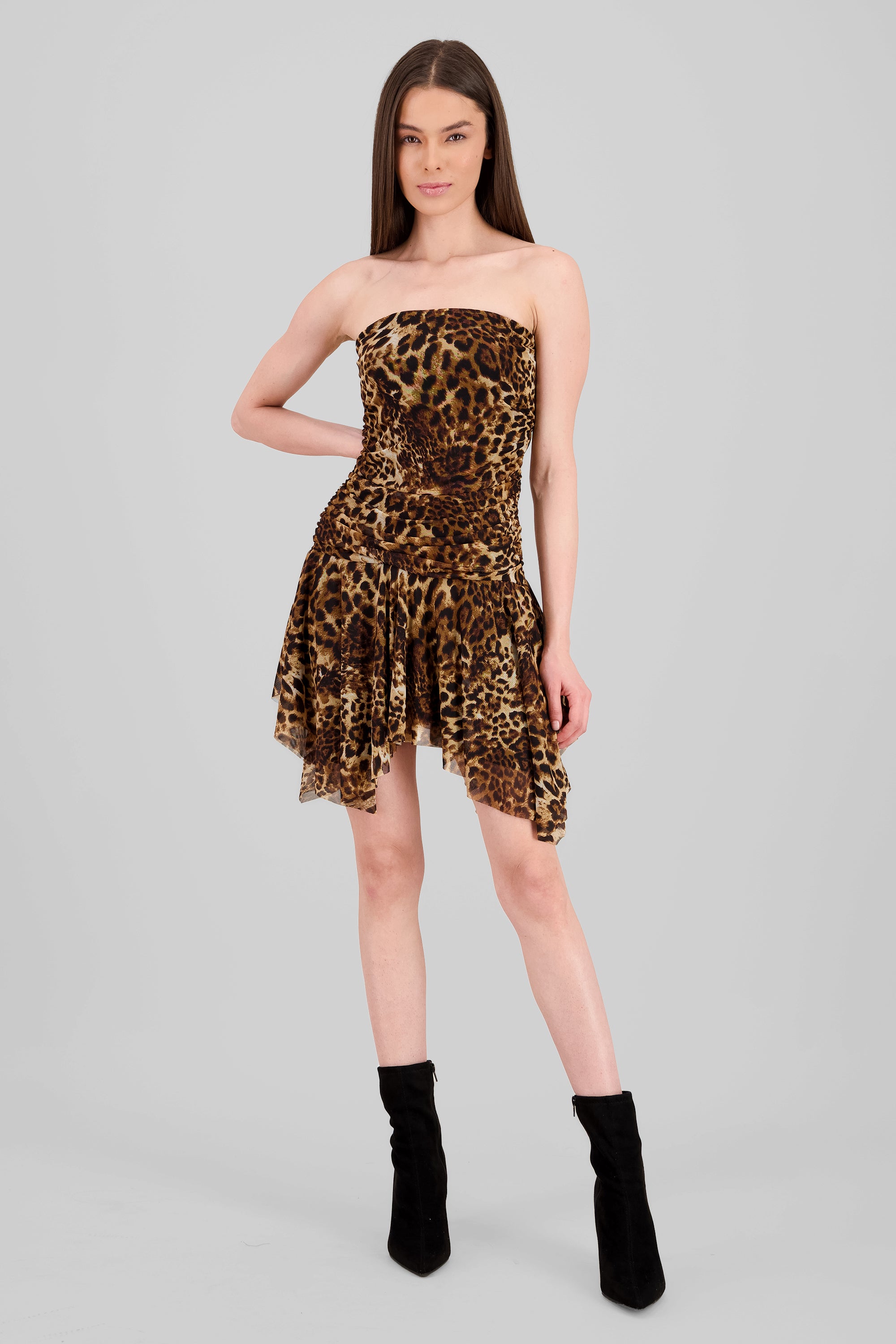 Vestido mesh asimetrico animal print CAFE COMBO