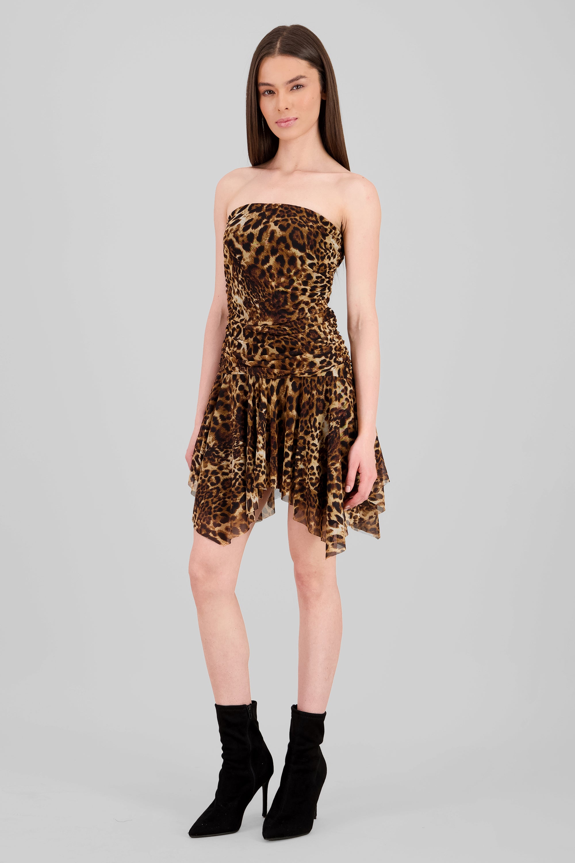 Vestido mesh asimetrico animal print CAFE COMBO