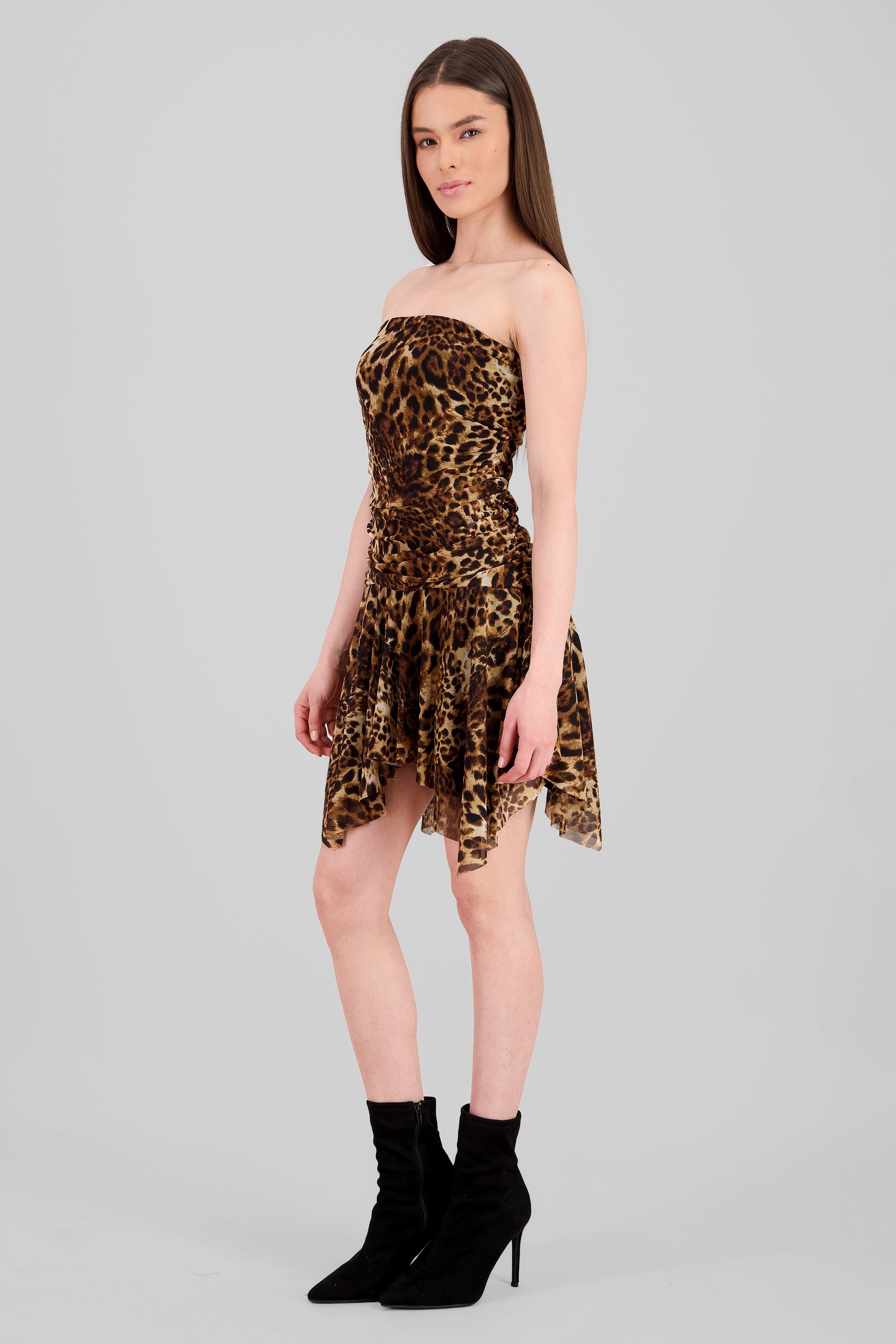 Vestido mesh asimetrico animal print CAFE COMBO