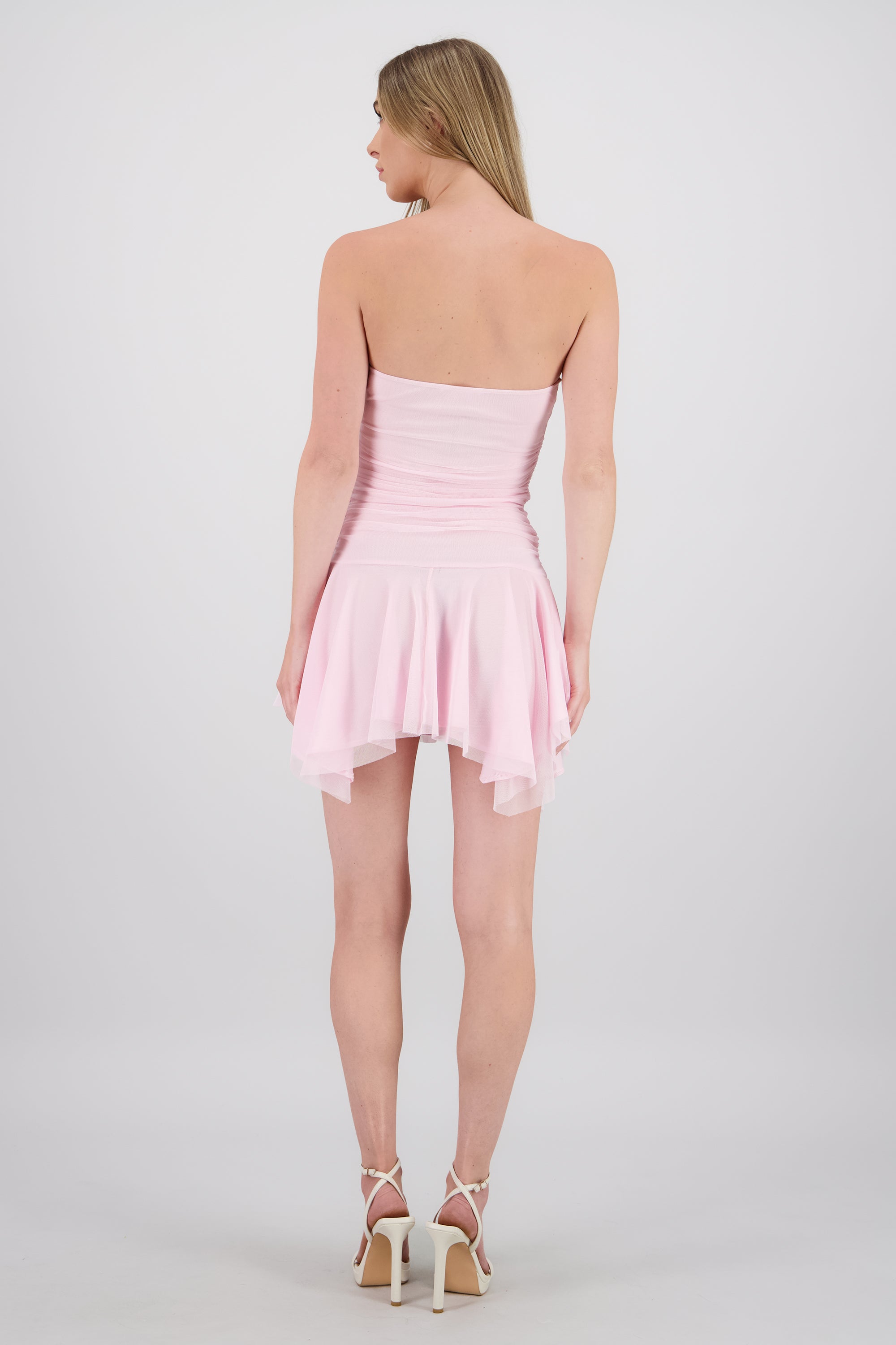 Vestido mini asimetrico de mesh ROSA PASTEL