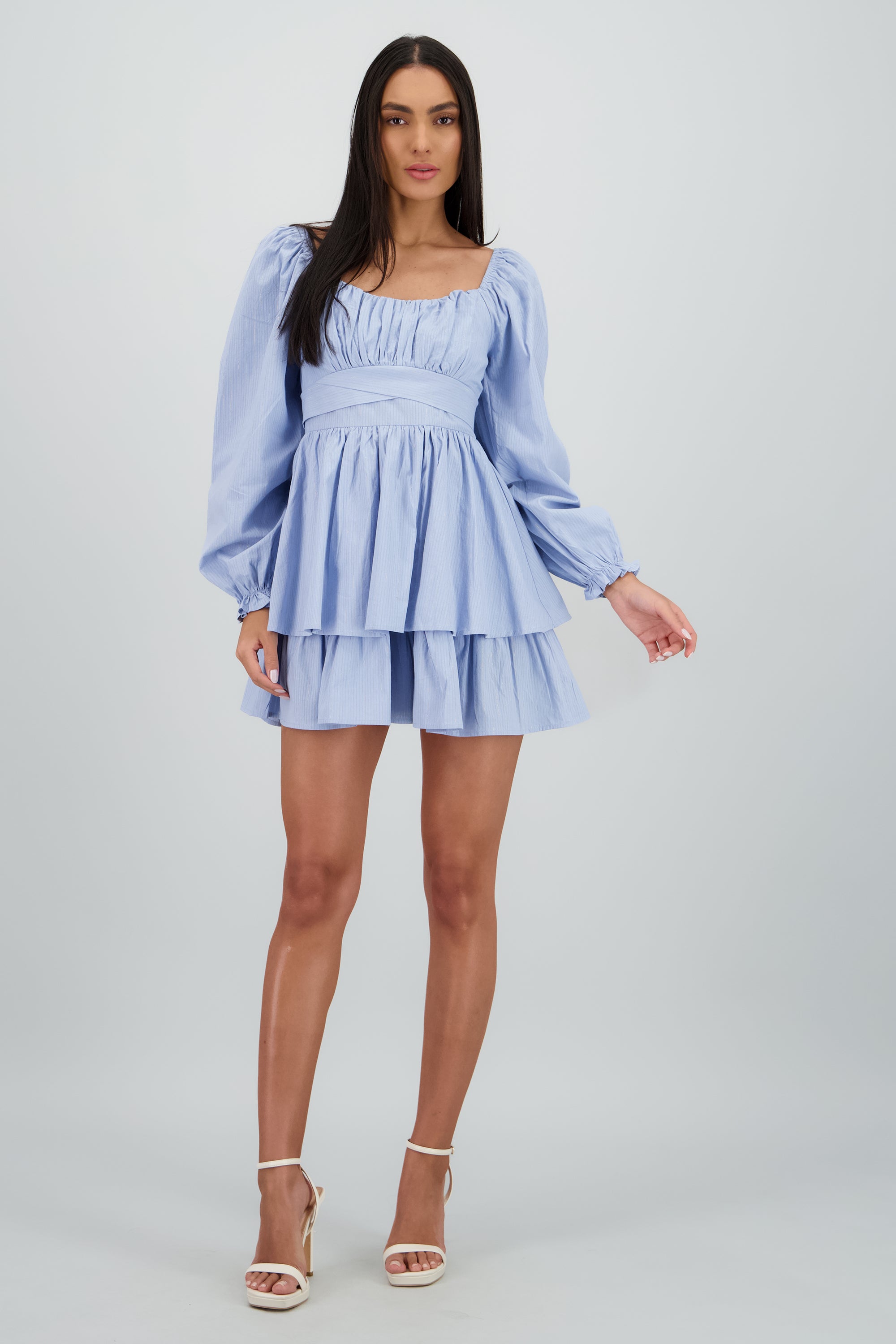 Vestido liso de lino con lineas en lurex AZUL CIELO
