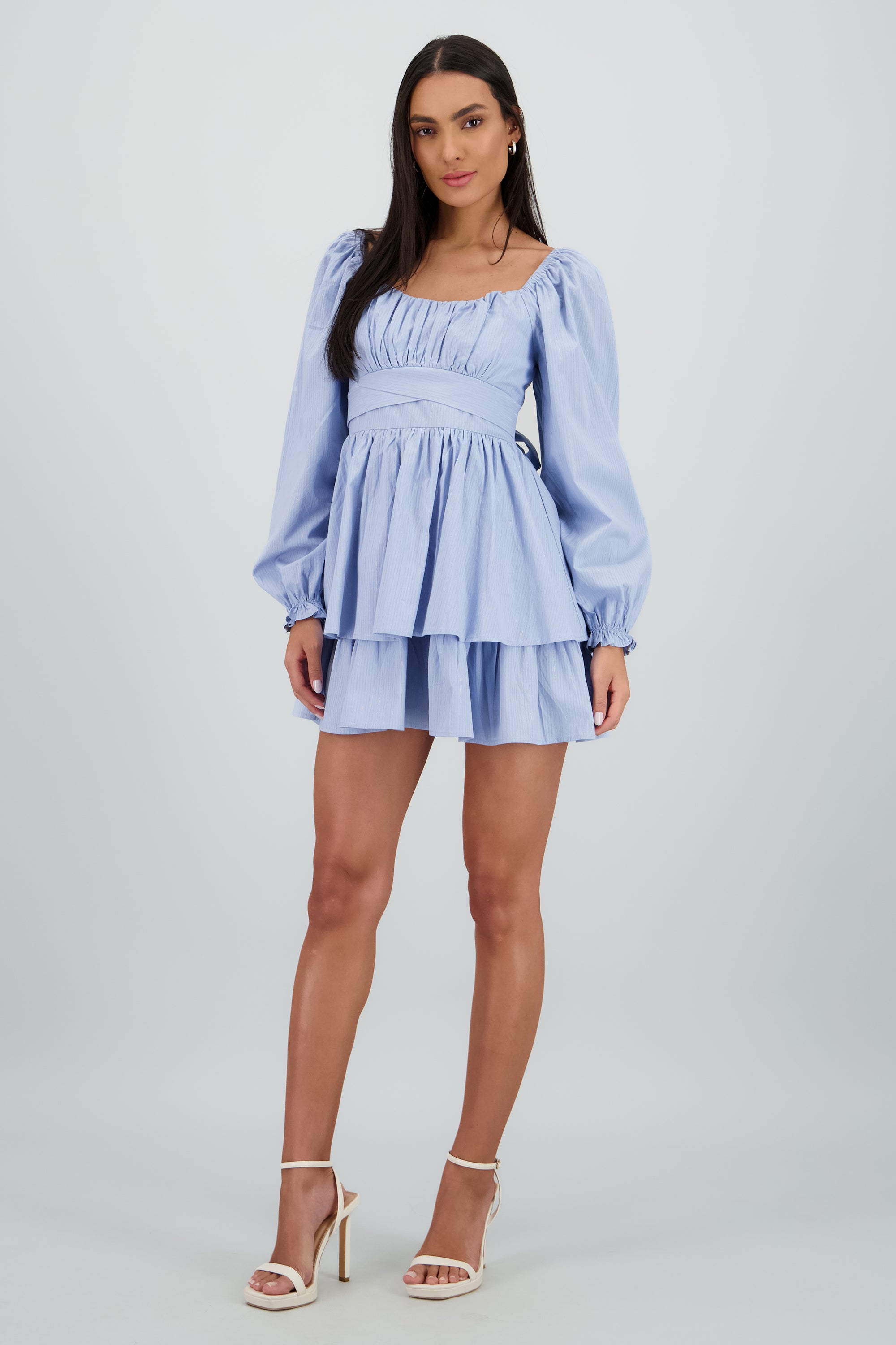 Vestido liso de lino con lineas en lurex AZUL CIELO