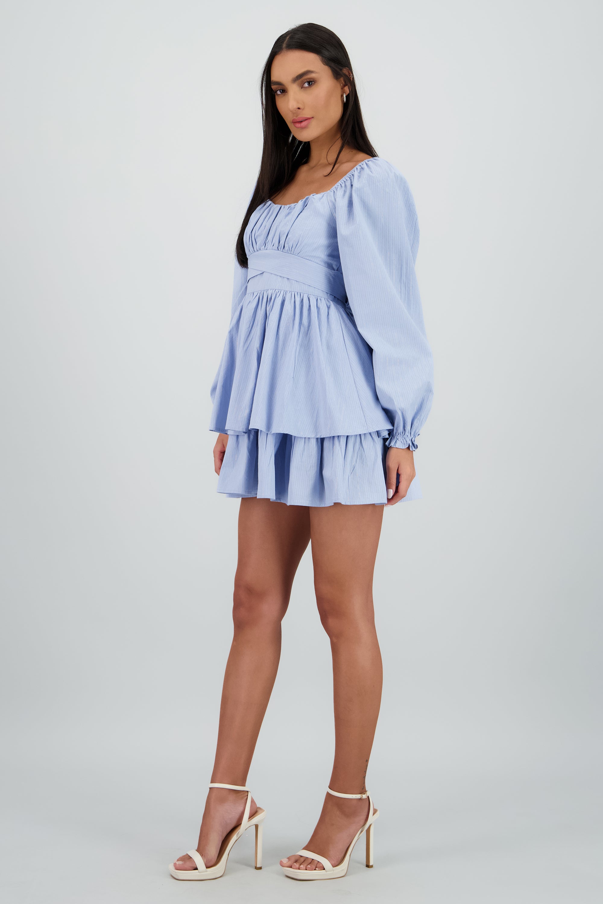 Vestido liso de lino con lineas en lurex AZUL CIELO