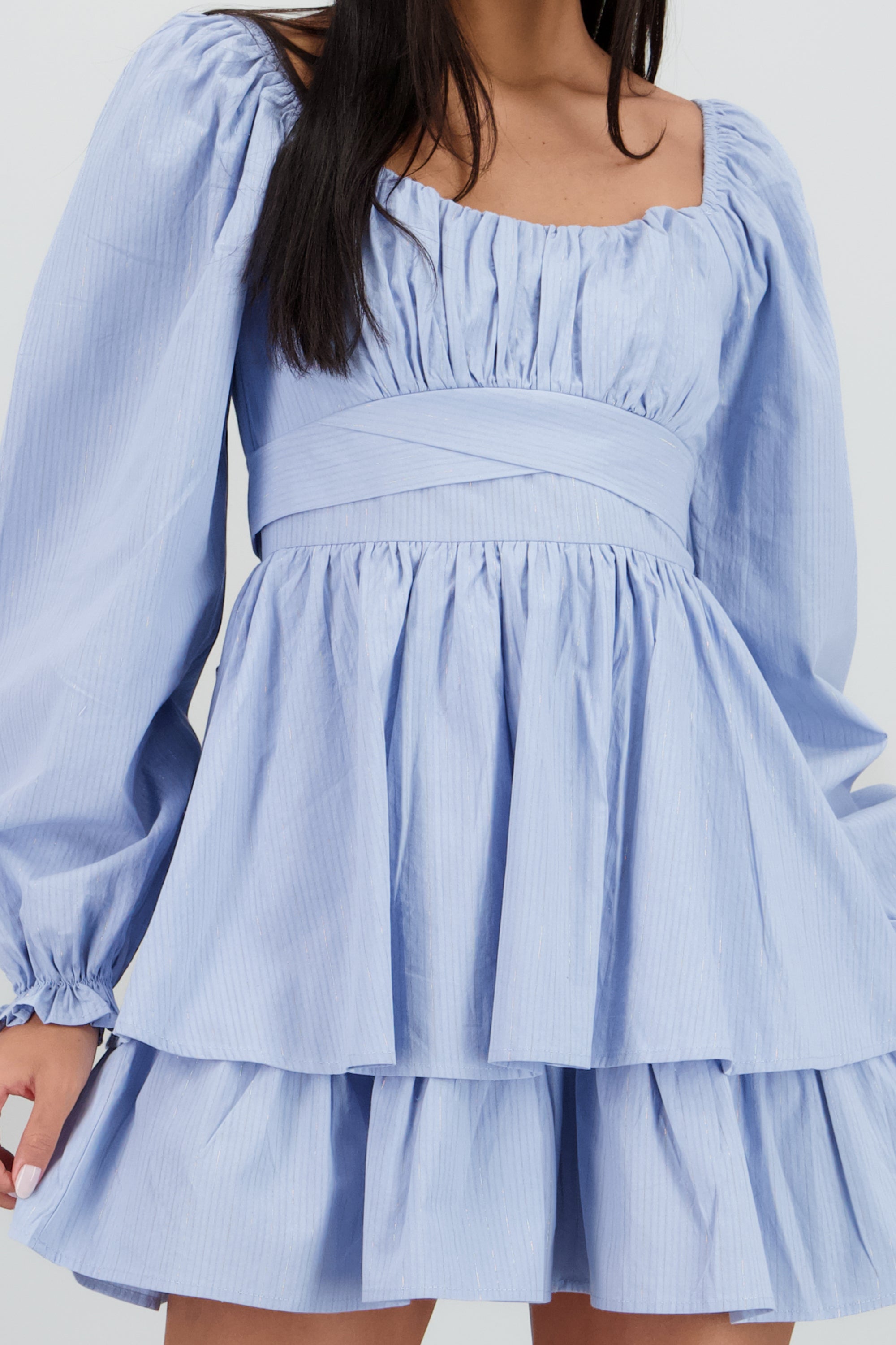 Vestido liso de lino con lineas en lurex AZUL CIELO