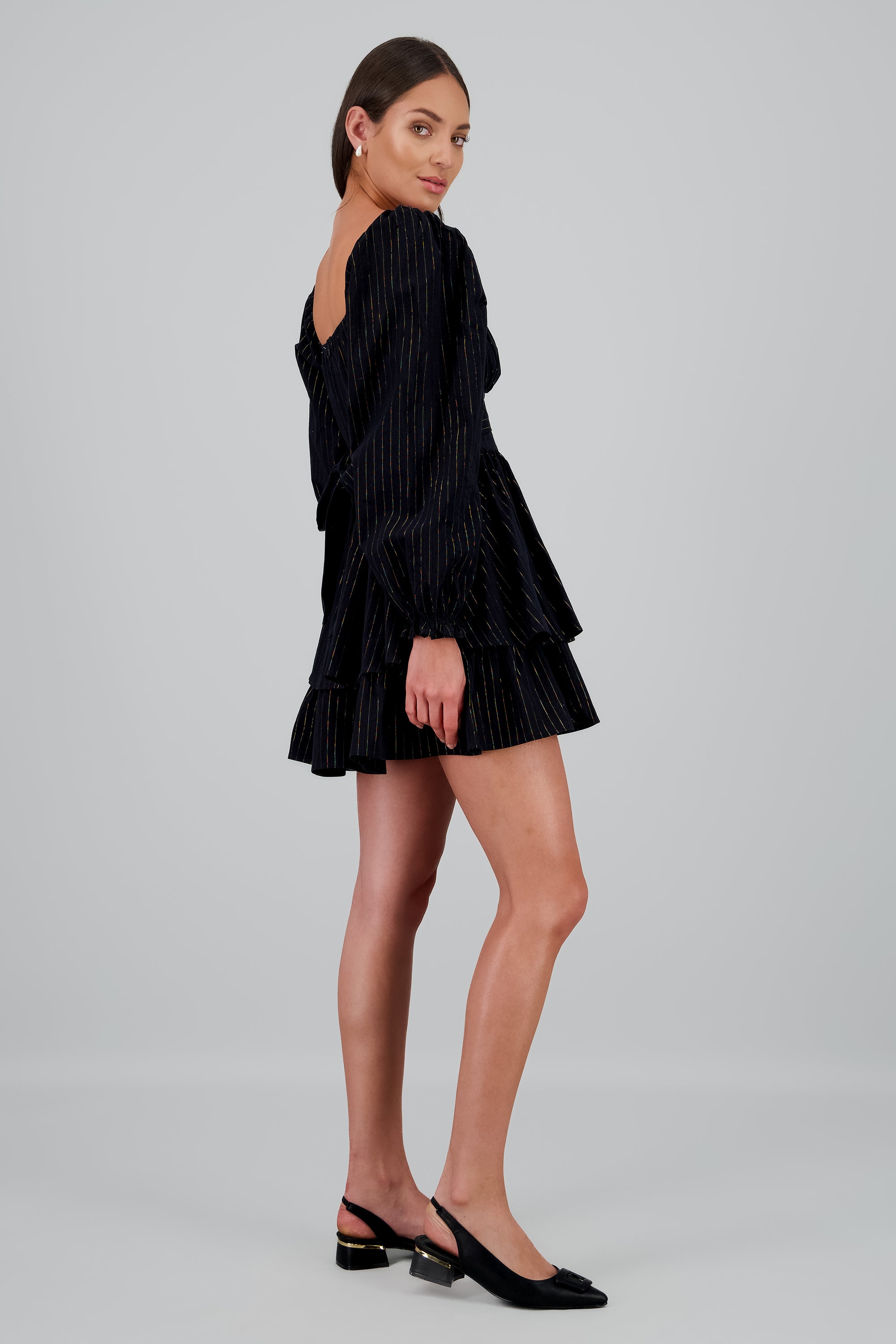 Vestido liso de lino con lineas en lurex NEGRO