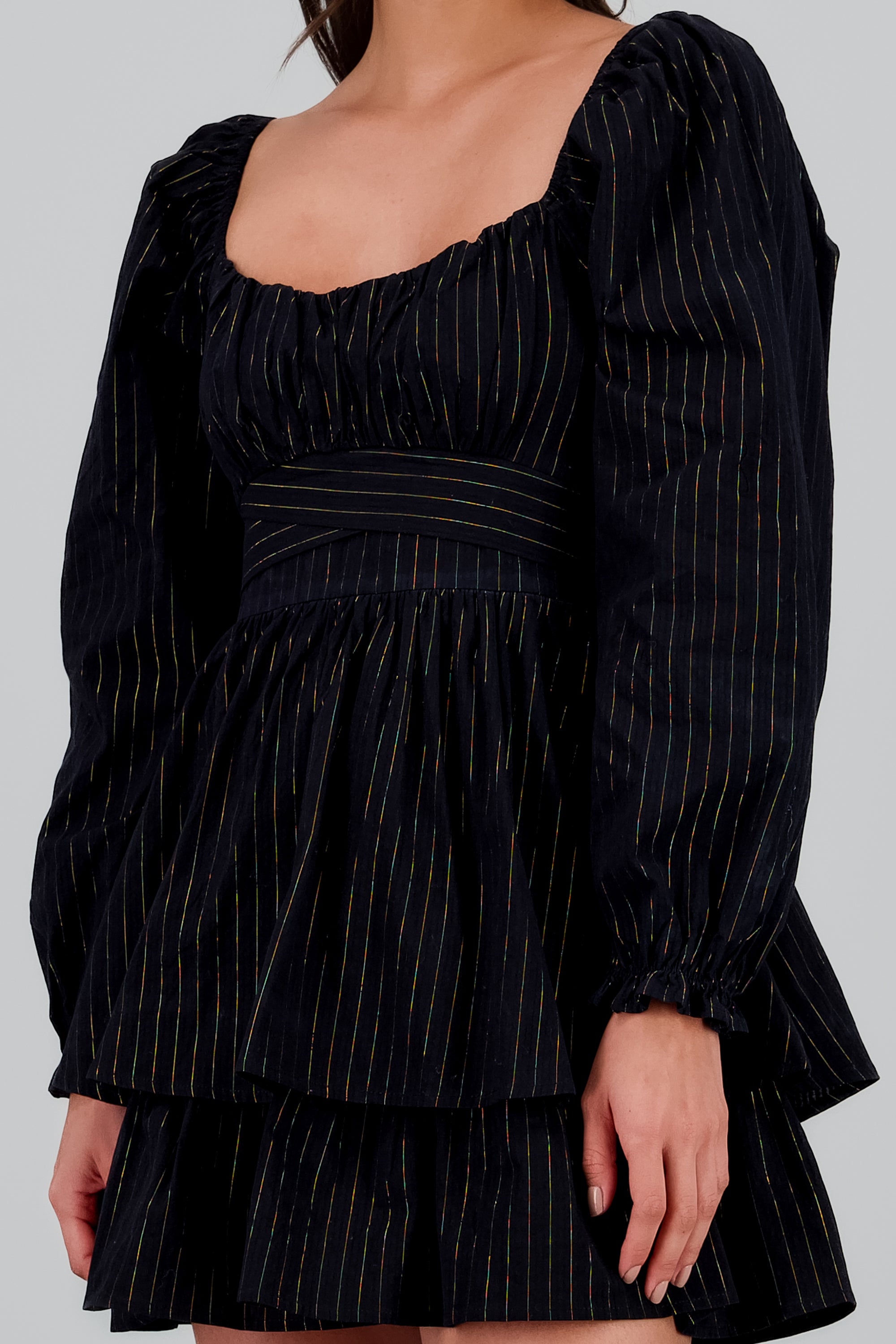 Vestido liso de lino con lineas en lurex NEGRO