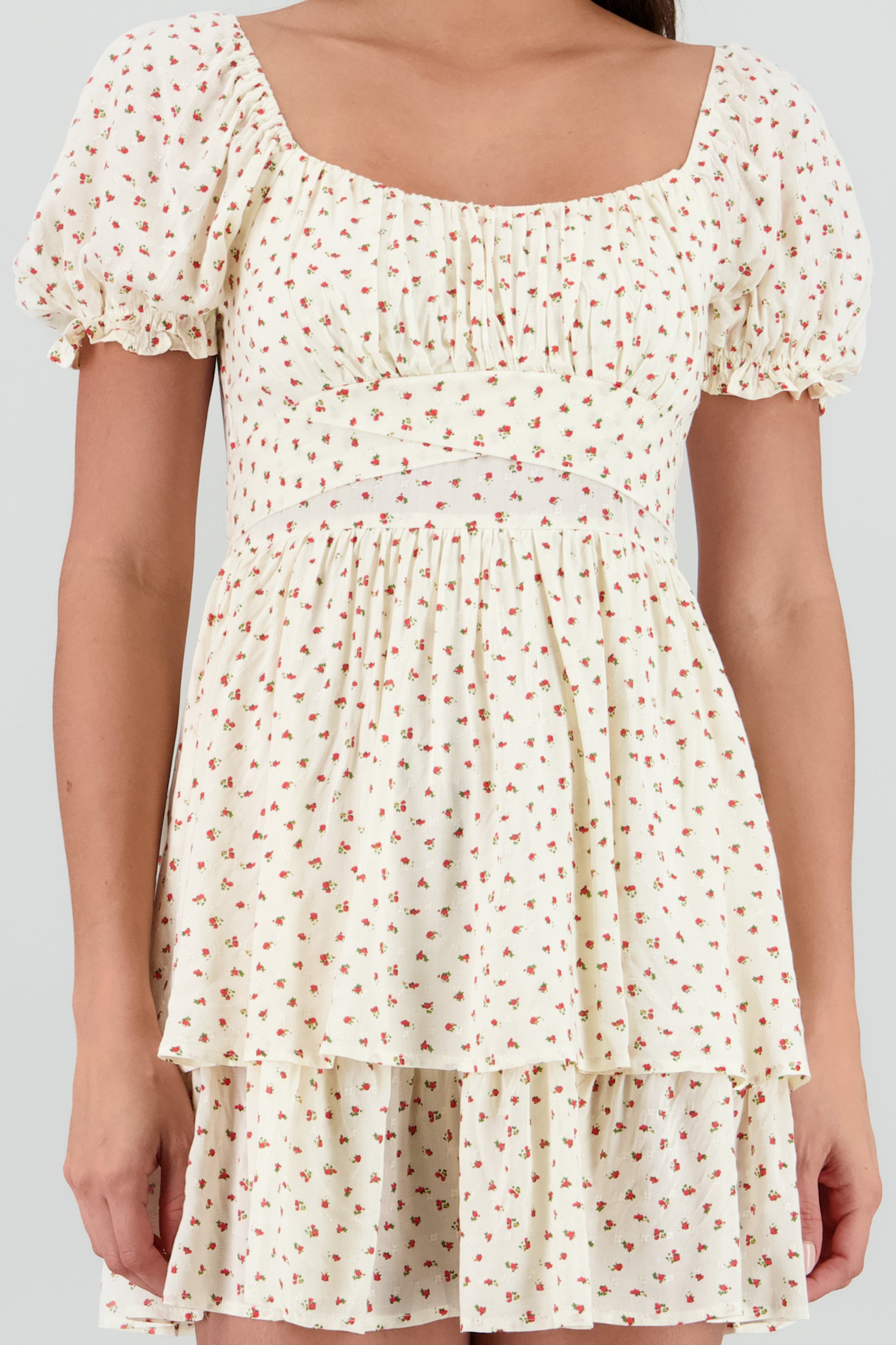 Vestido olanes mini flores con textura ROJO COMBO