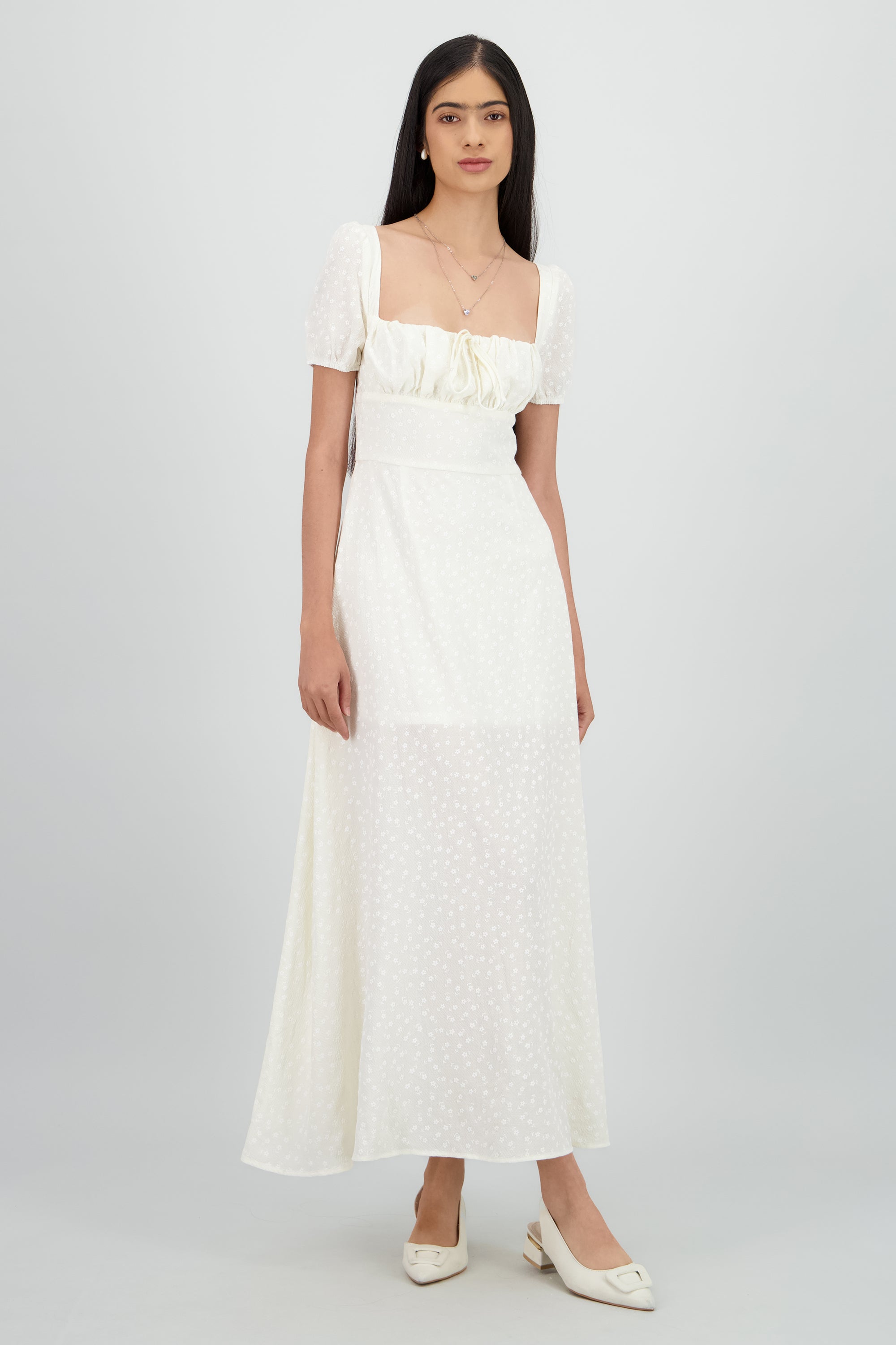 Vestido mini flores manga corta CREMA