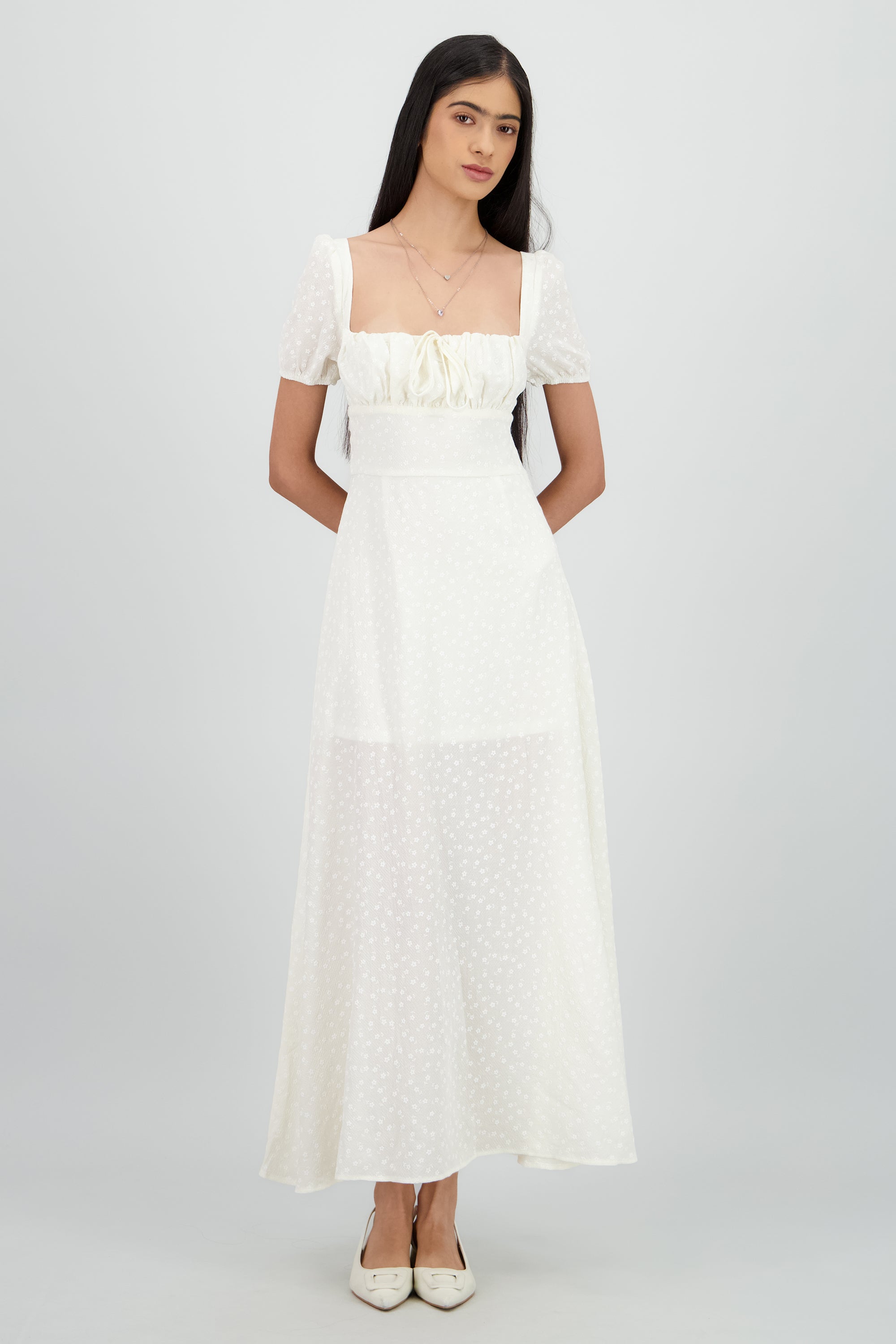 Vestido mini flores manga corta CREMA