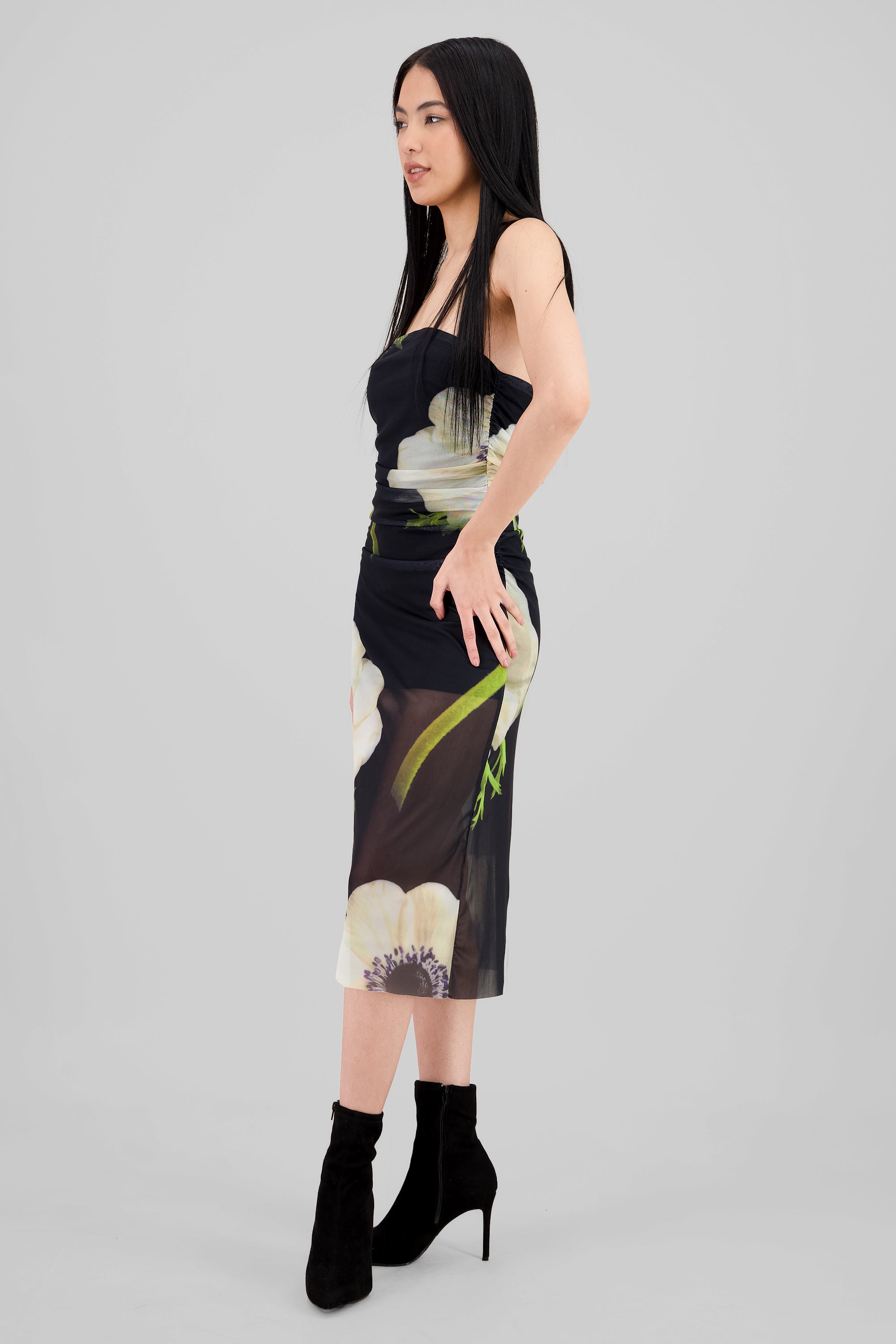 Vestido midi mesh flores NEGRO COMBO