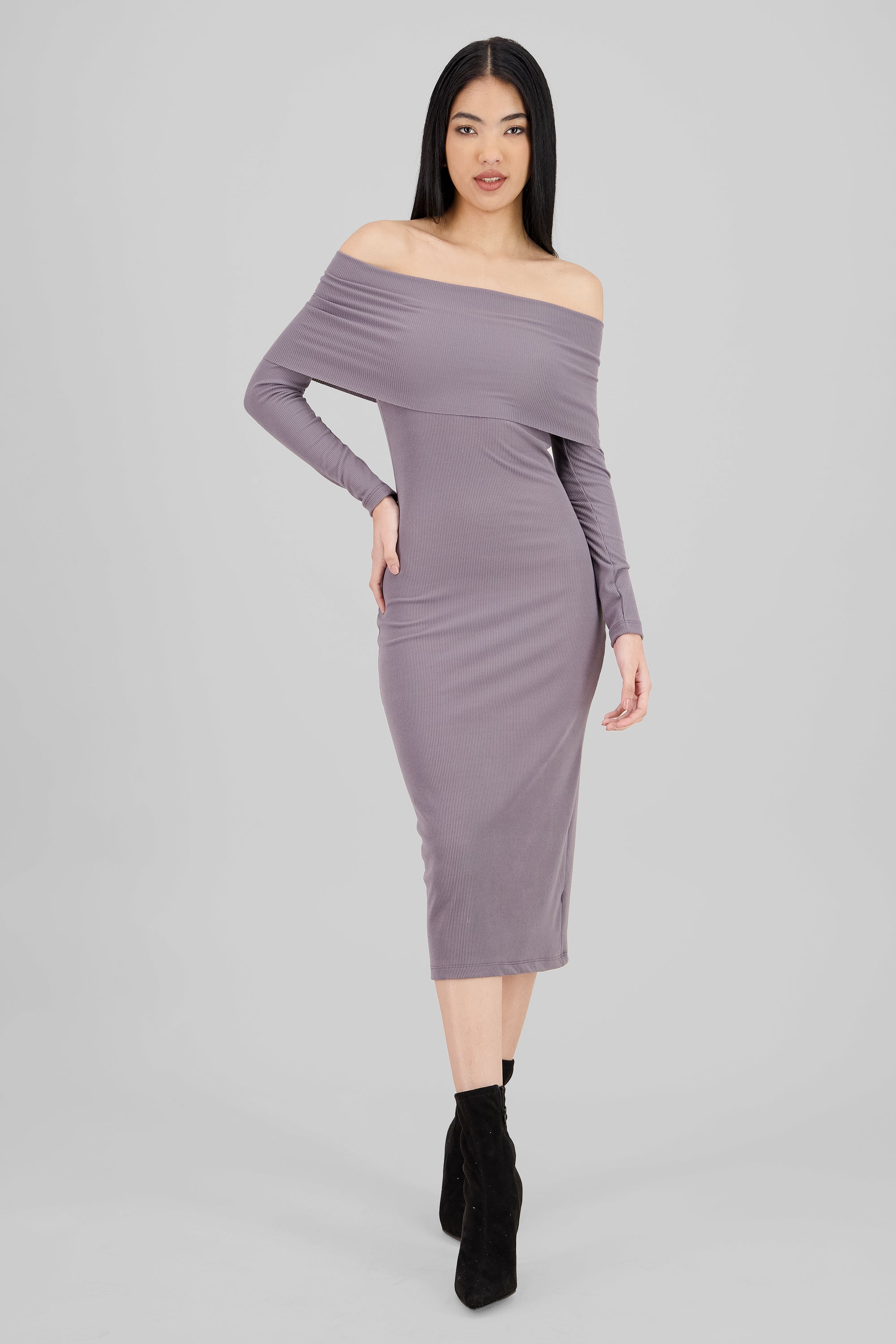 Vestido midi manga larga rib off shoulder GRIS OBSCURO