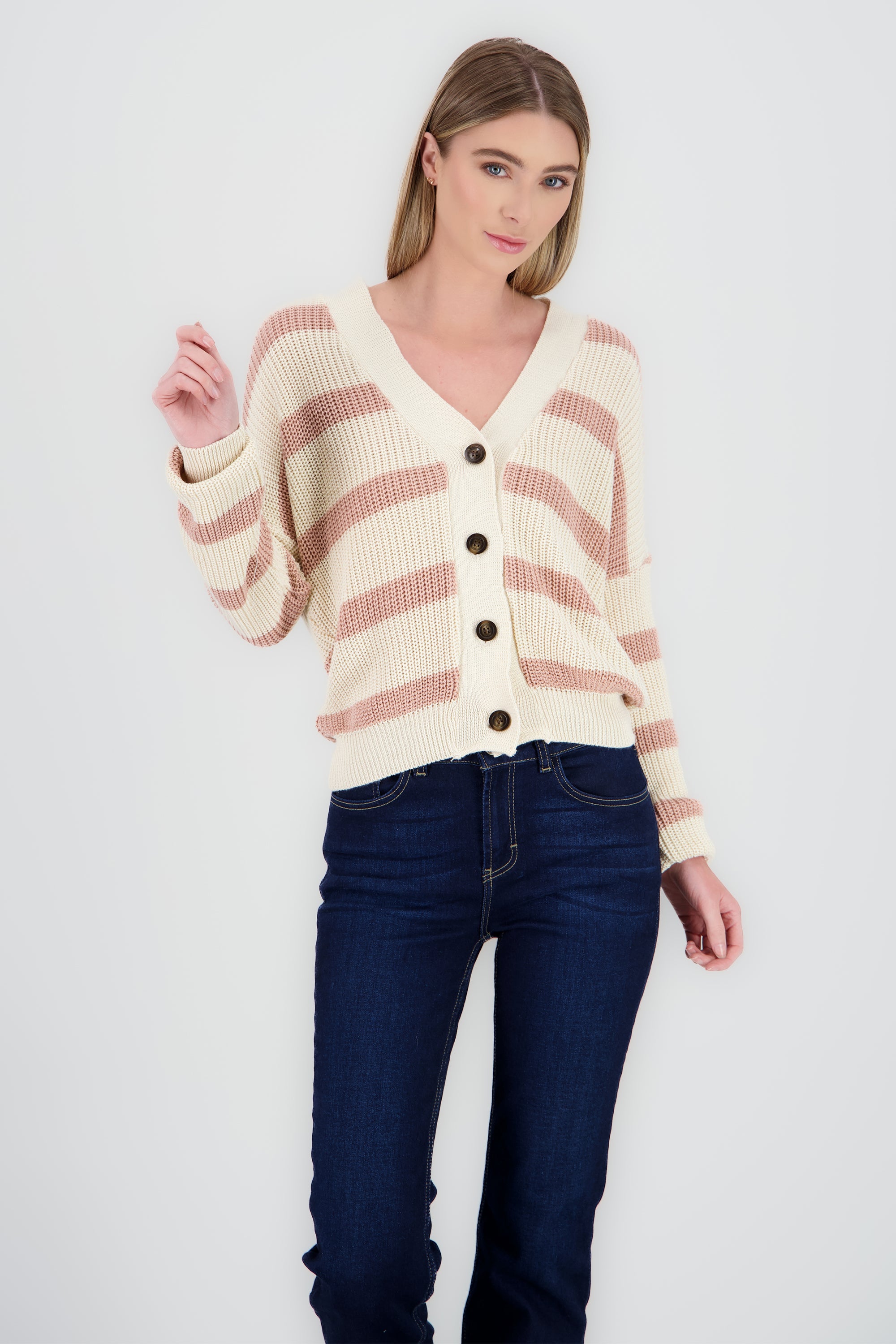 Cardigan tejido botones rayas PALO DE ROSA