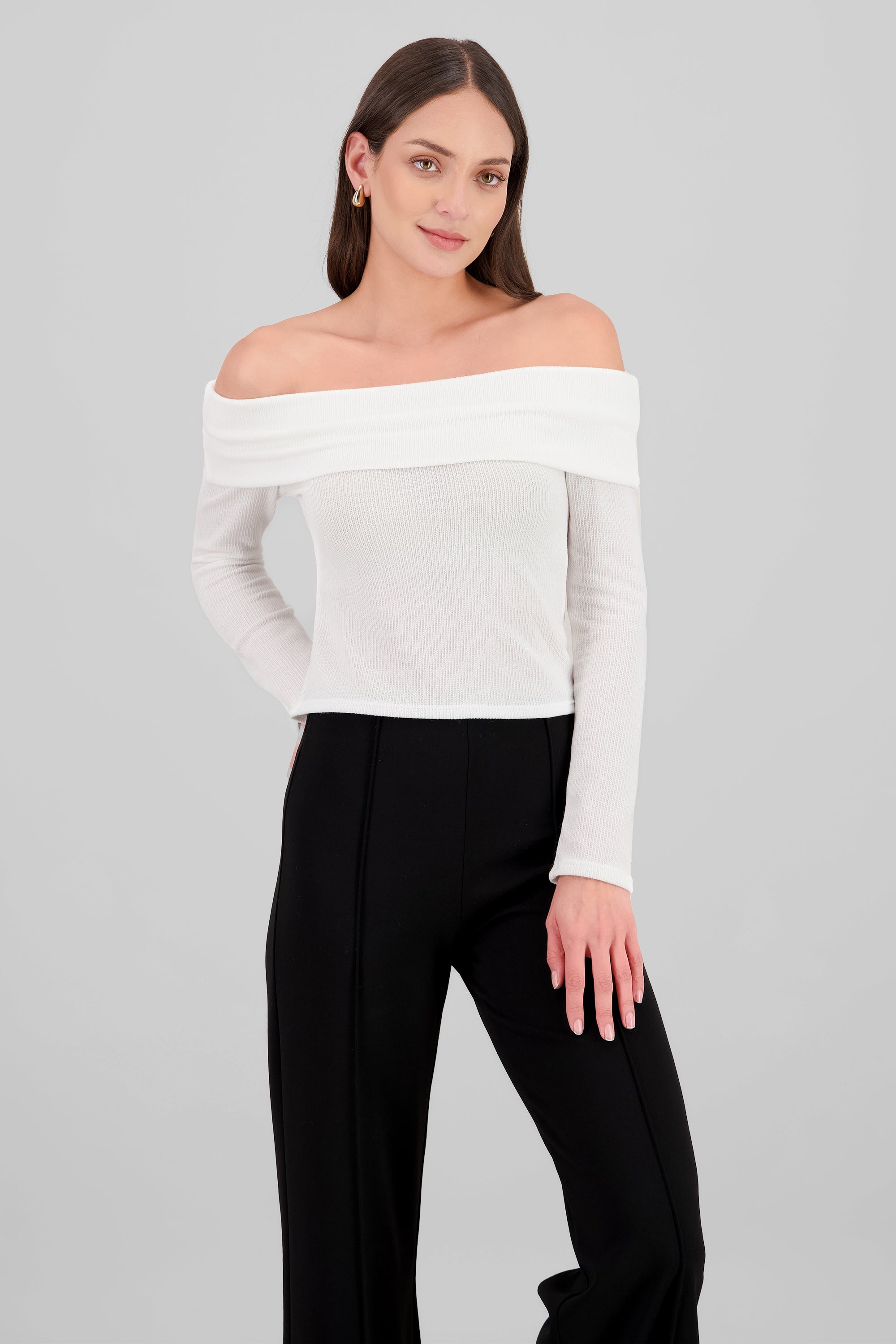 Top manga larga off shoulder detalle brillos BLANCO