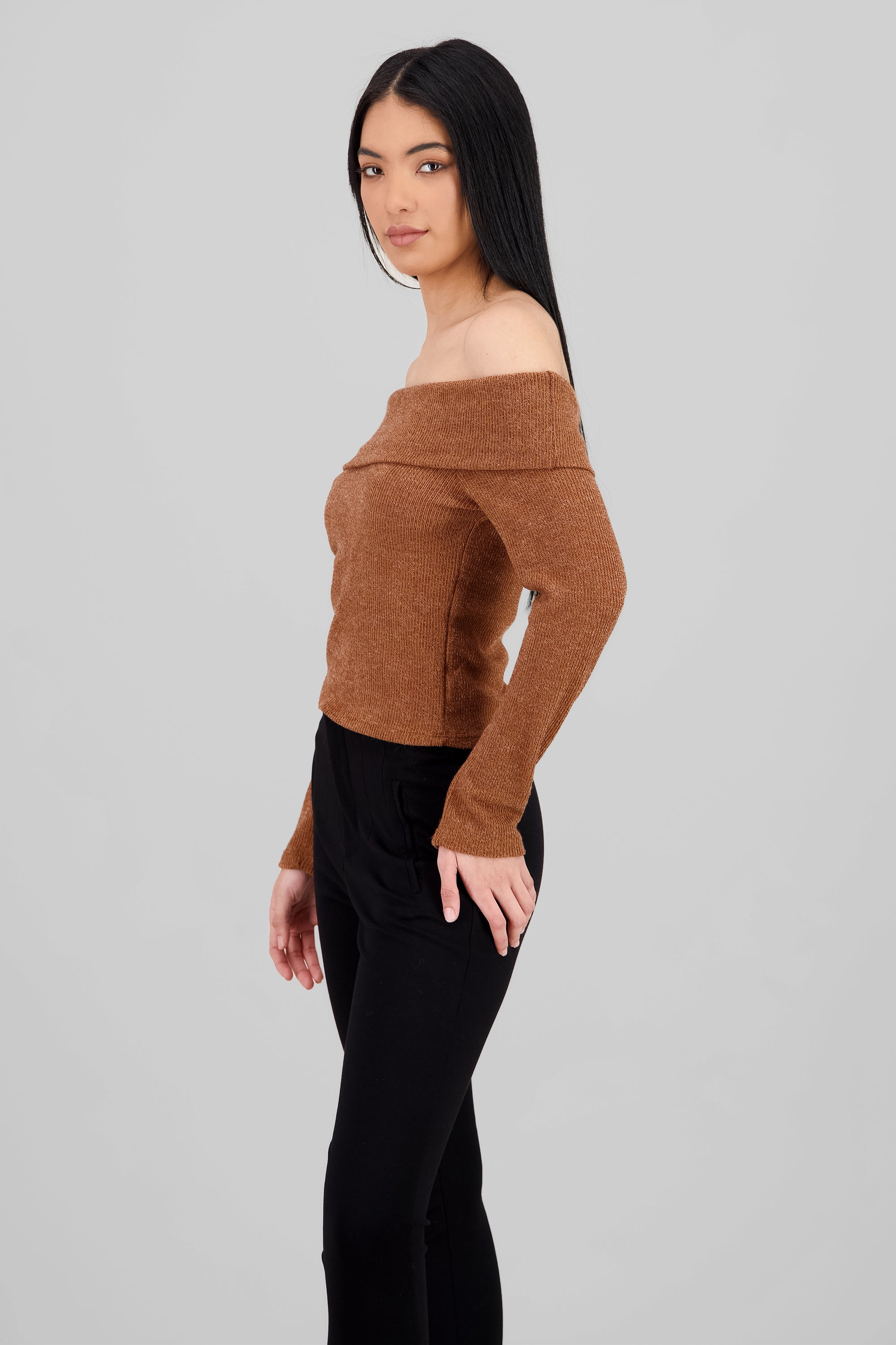 Top manga larga off shoulder detalle brillos CAMELLO