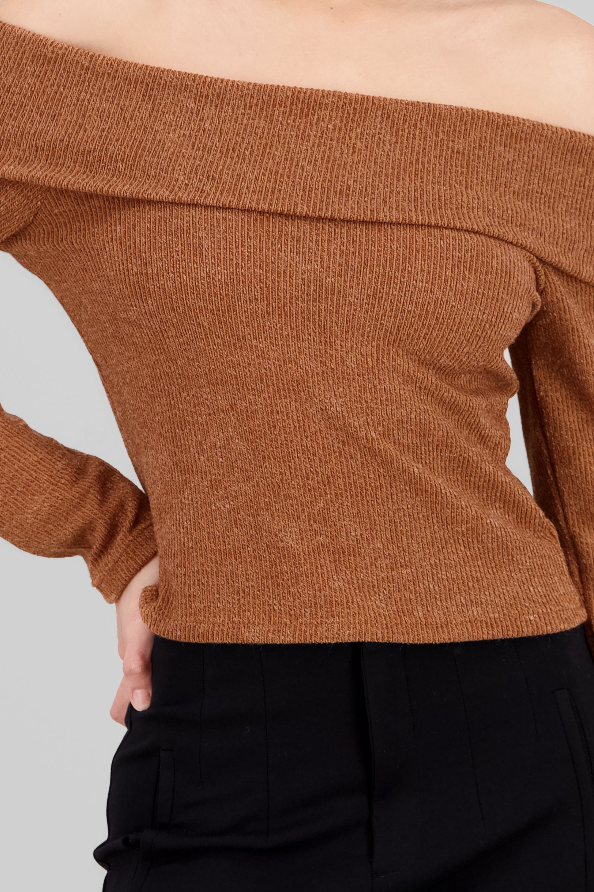 Top manga larga off shoulder detalle brillos CAMELLO