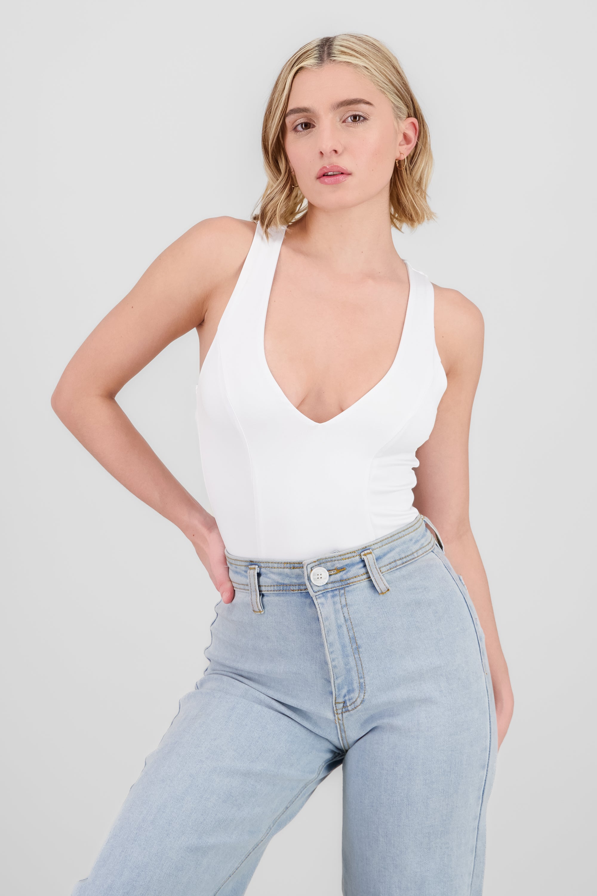 Bodysuit con escote profundo liso BLANCO