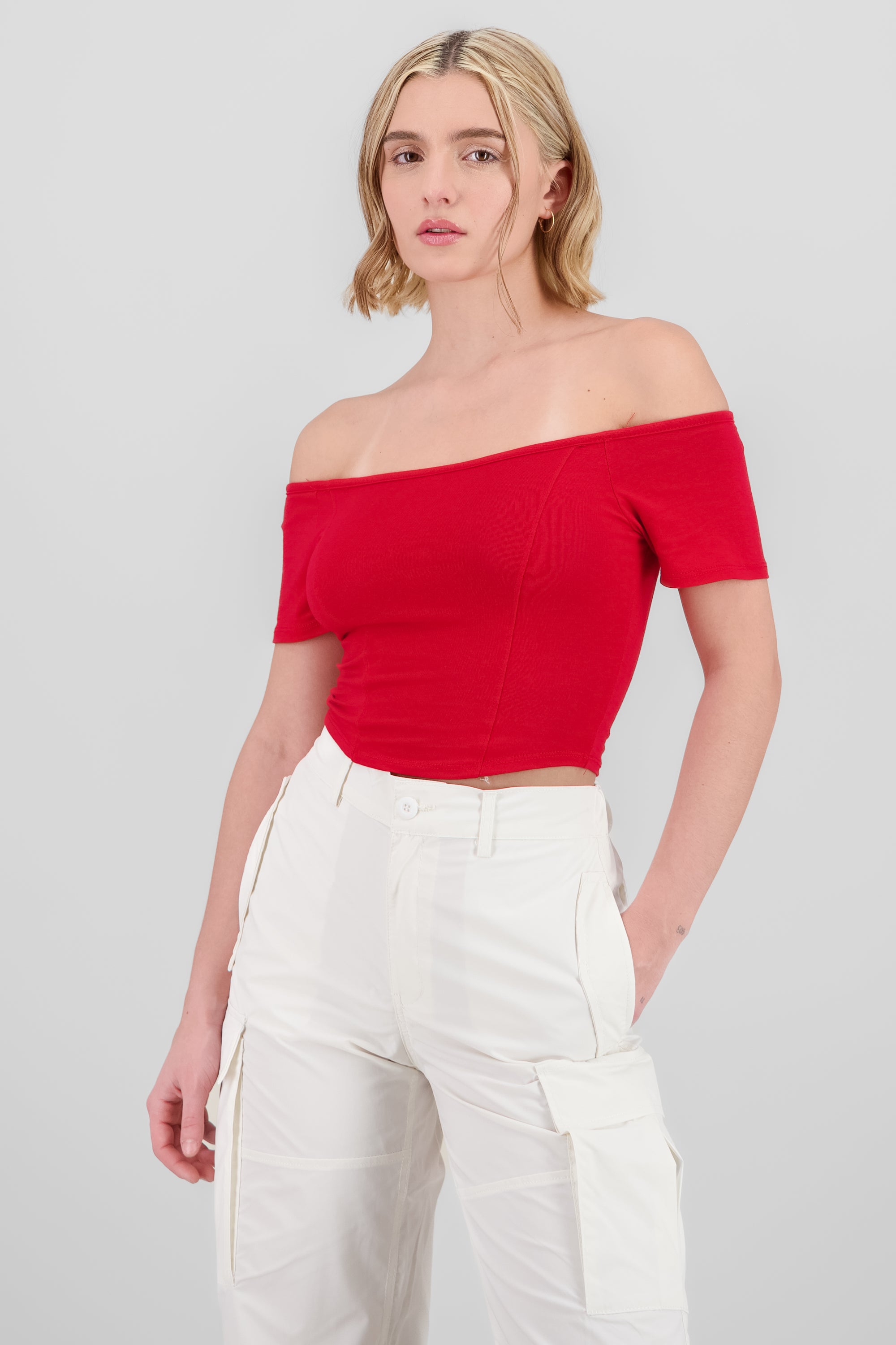 Top off shoulder liso cropped ROJO