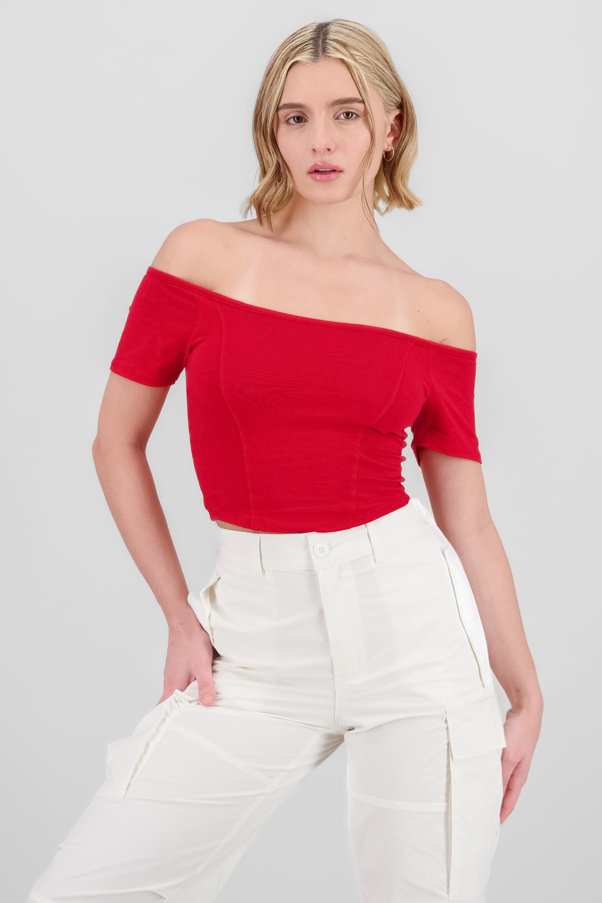 Top off shoulder liso cropped ROJO