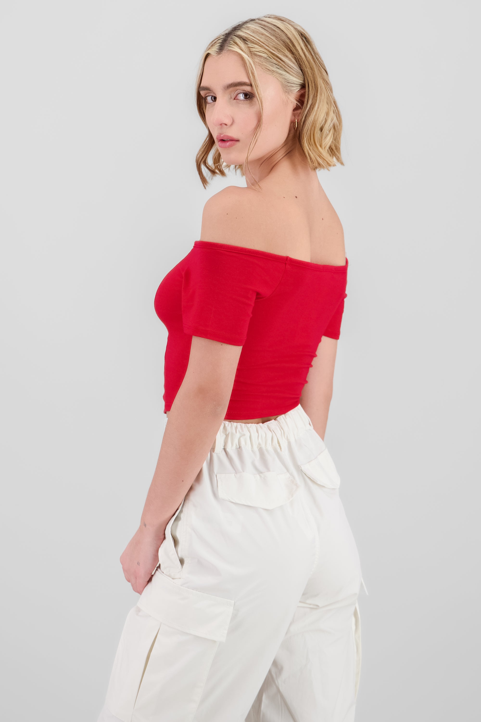 Top off shoulder liso cropped ROJO