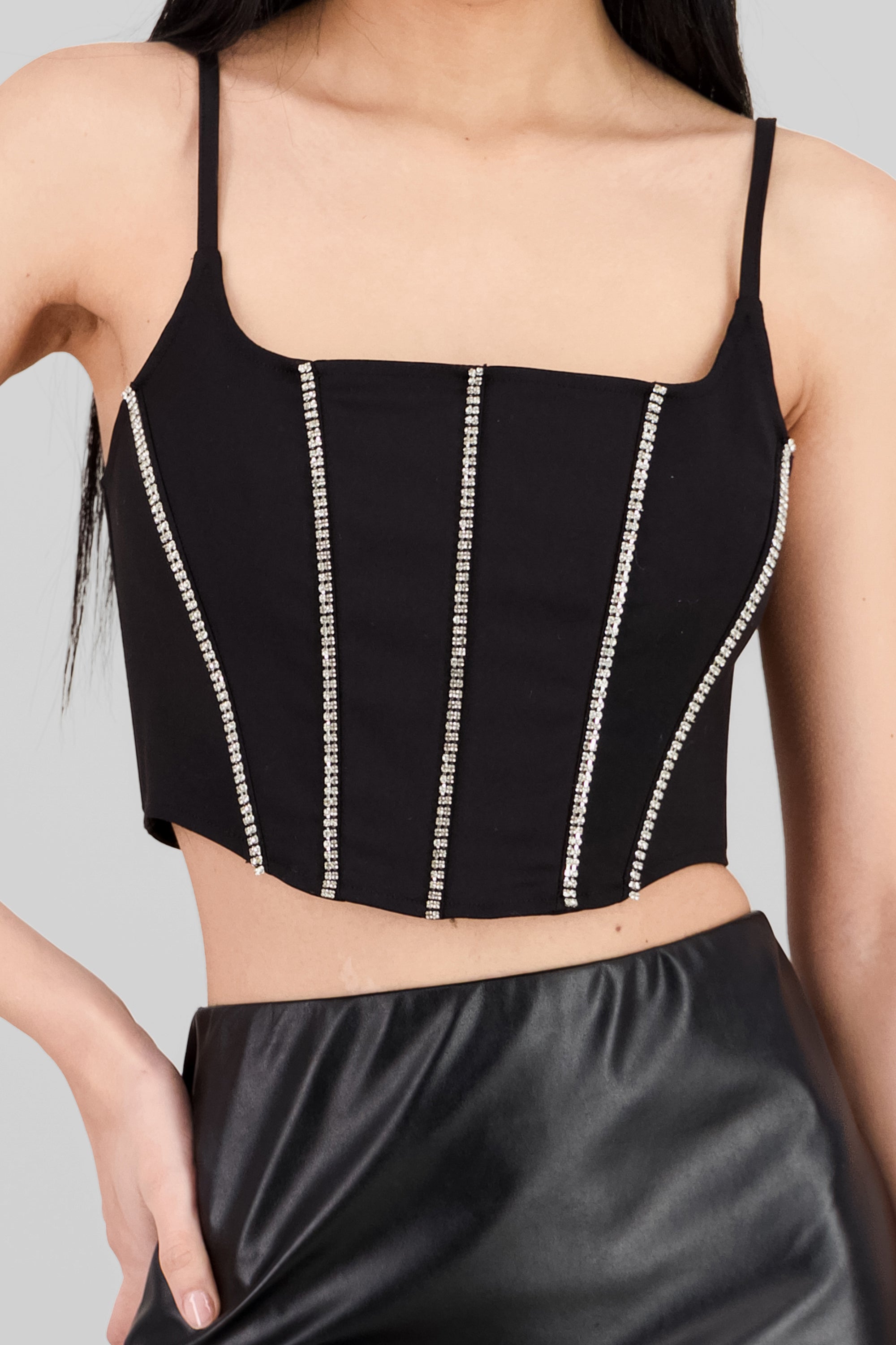 Corset con brillantes y varillas NEGRO