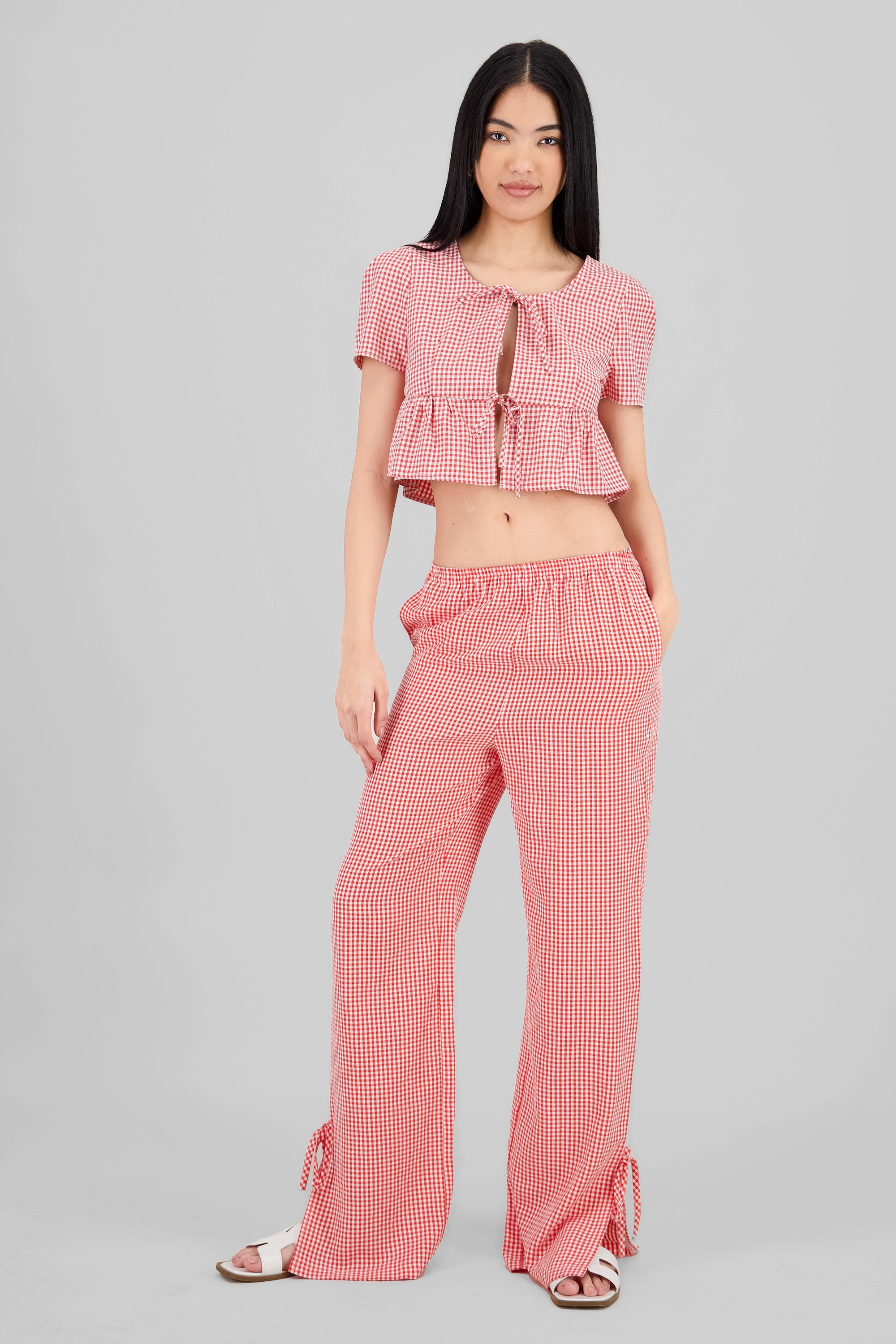 Pantalon recto cuadros detalle moño ROJO COMBO