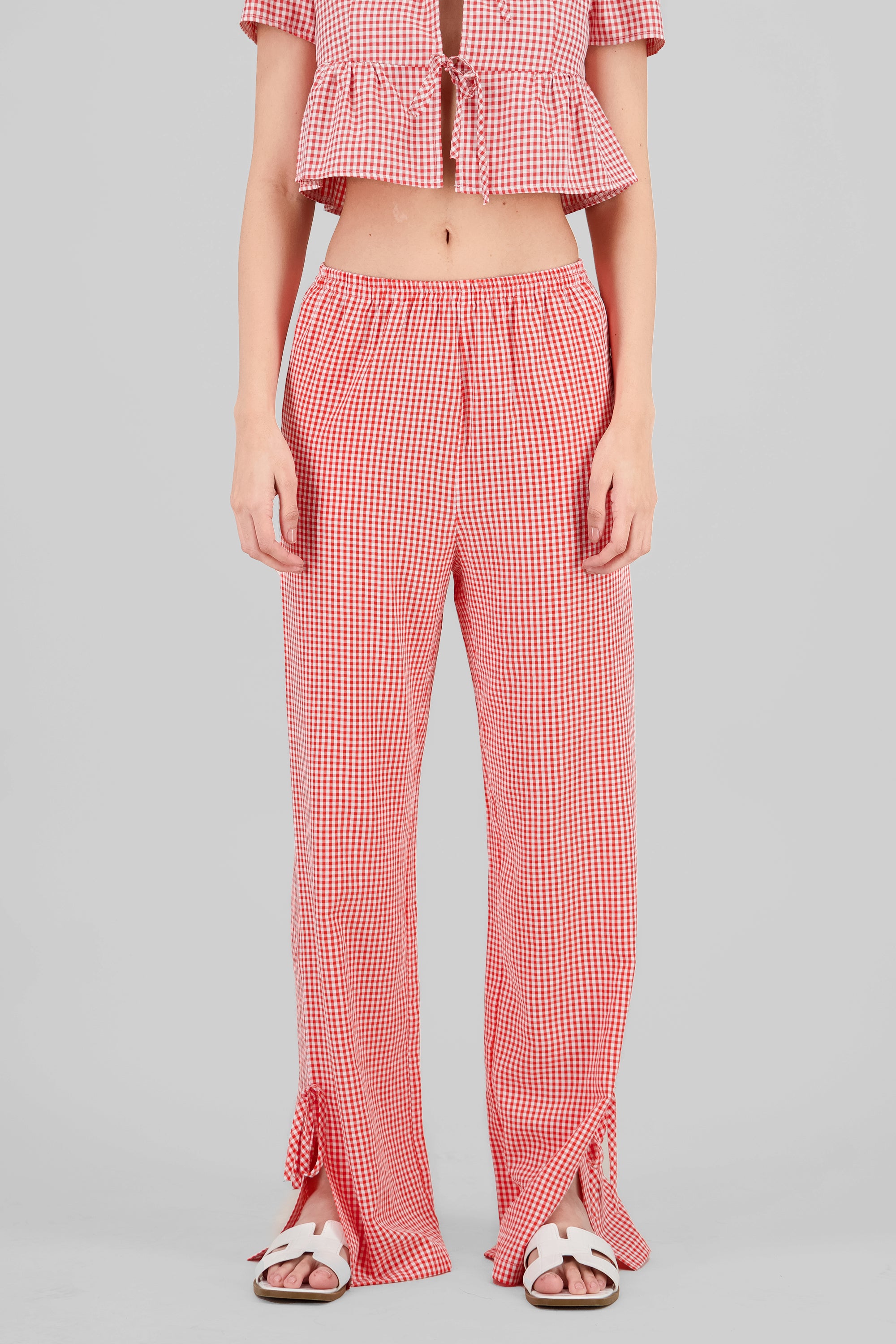 Pantalon recto cuadros detalle moño ROJO COMBO