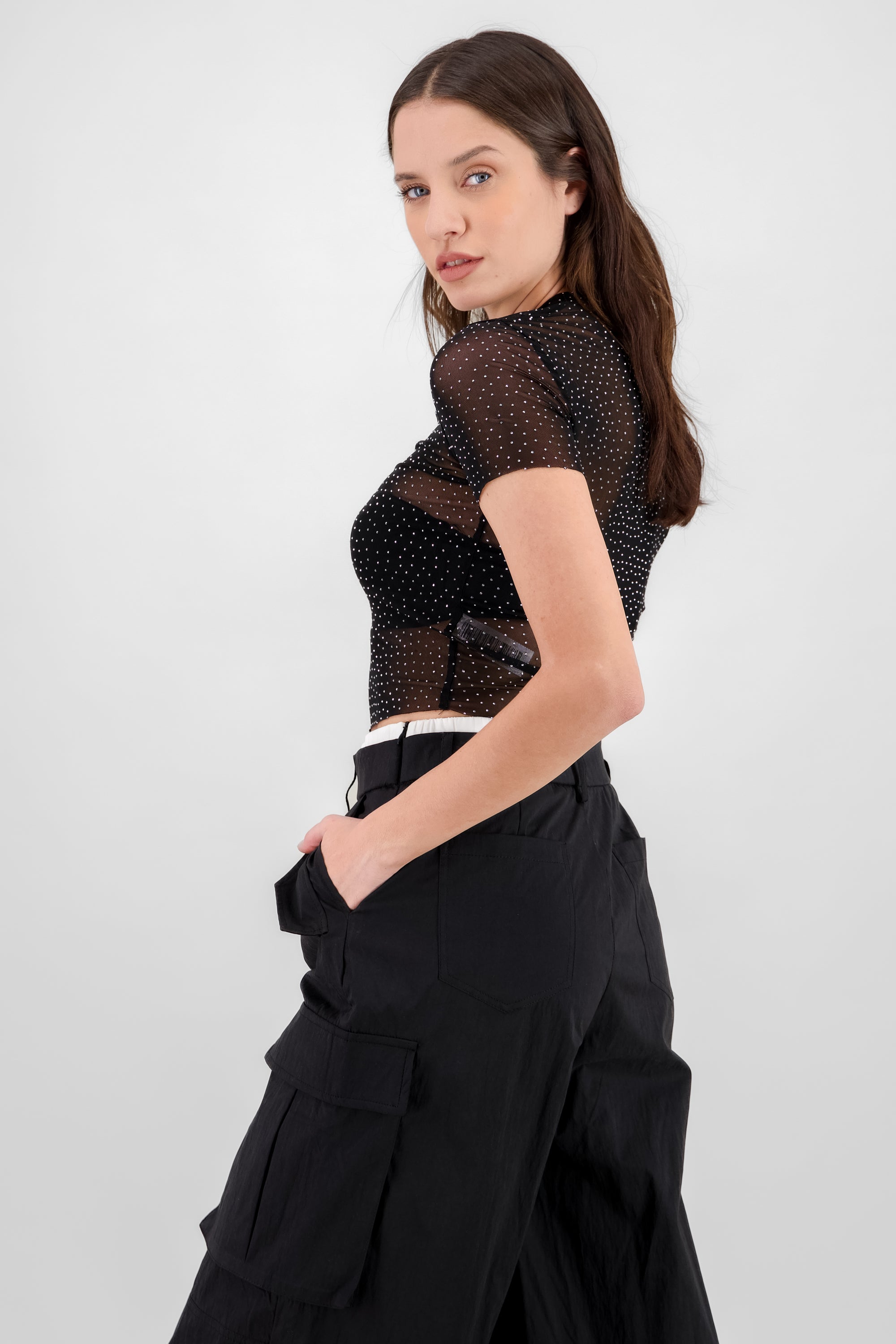 Top brillos mesh manga corta NEGRO