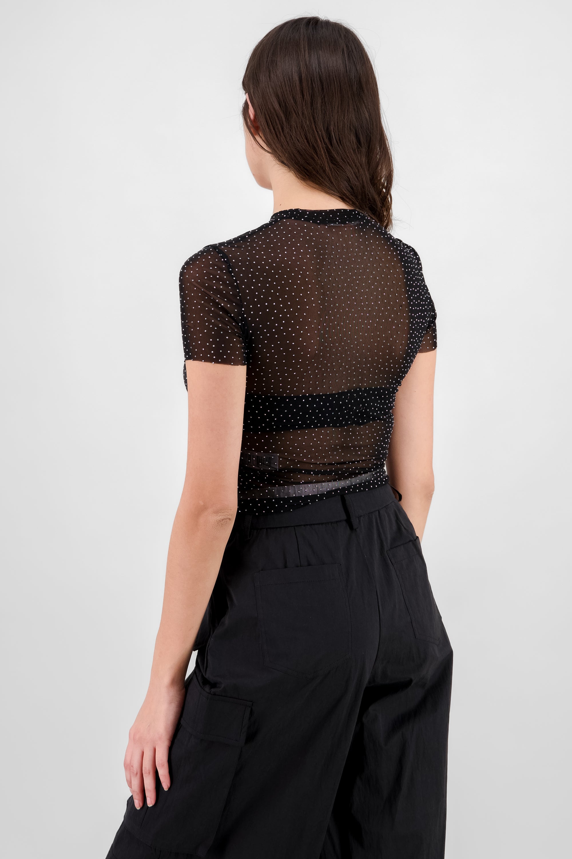 Top brillos mesh manga corta NEGRO