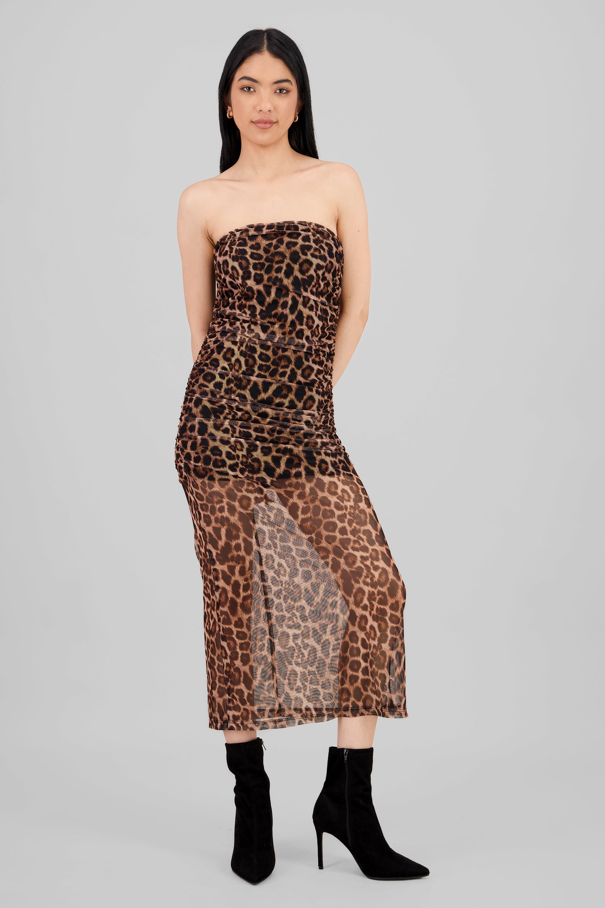 Vestido maxi drapeado mesh animal print CAFE COMBO