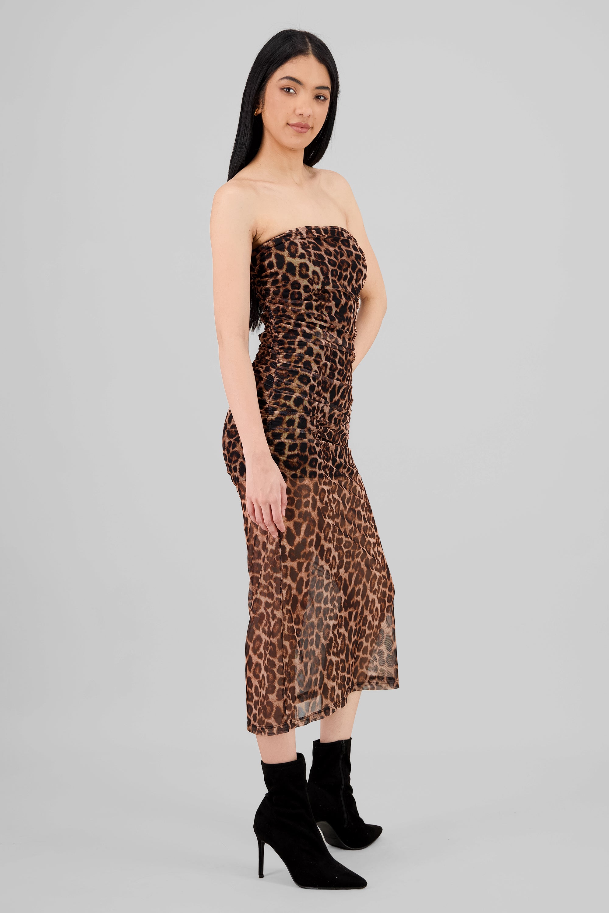 Vestido maxi drapeado mesh animal print CAFE COMBO