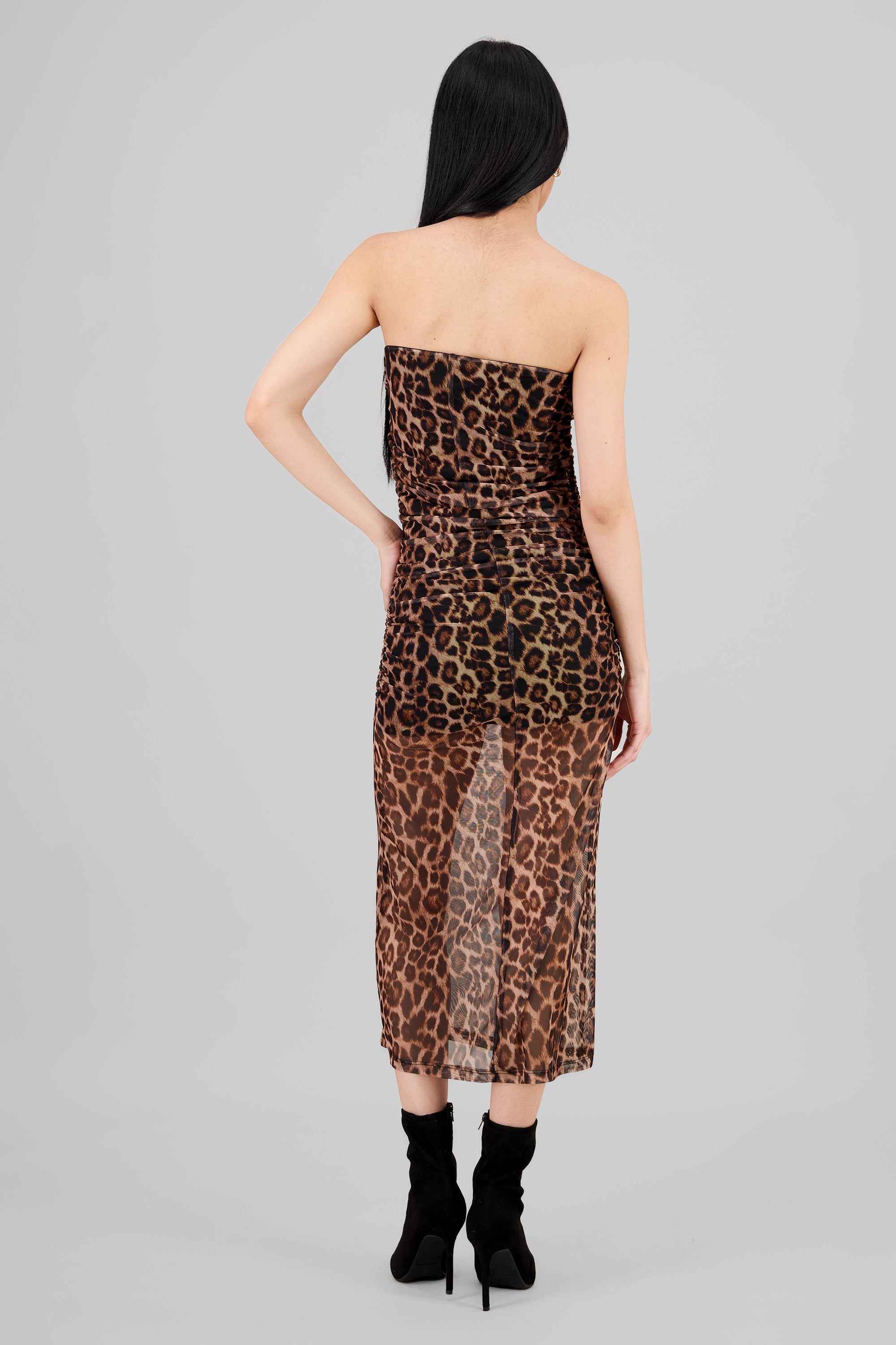 Vestido maxi drapeado mesh animal print CAFE COMBO