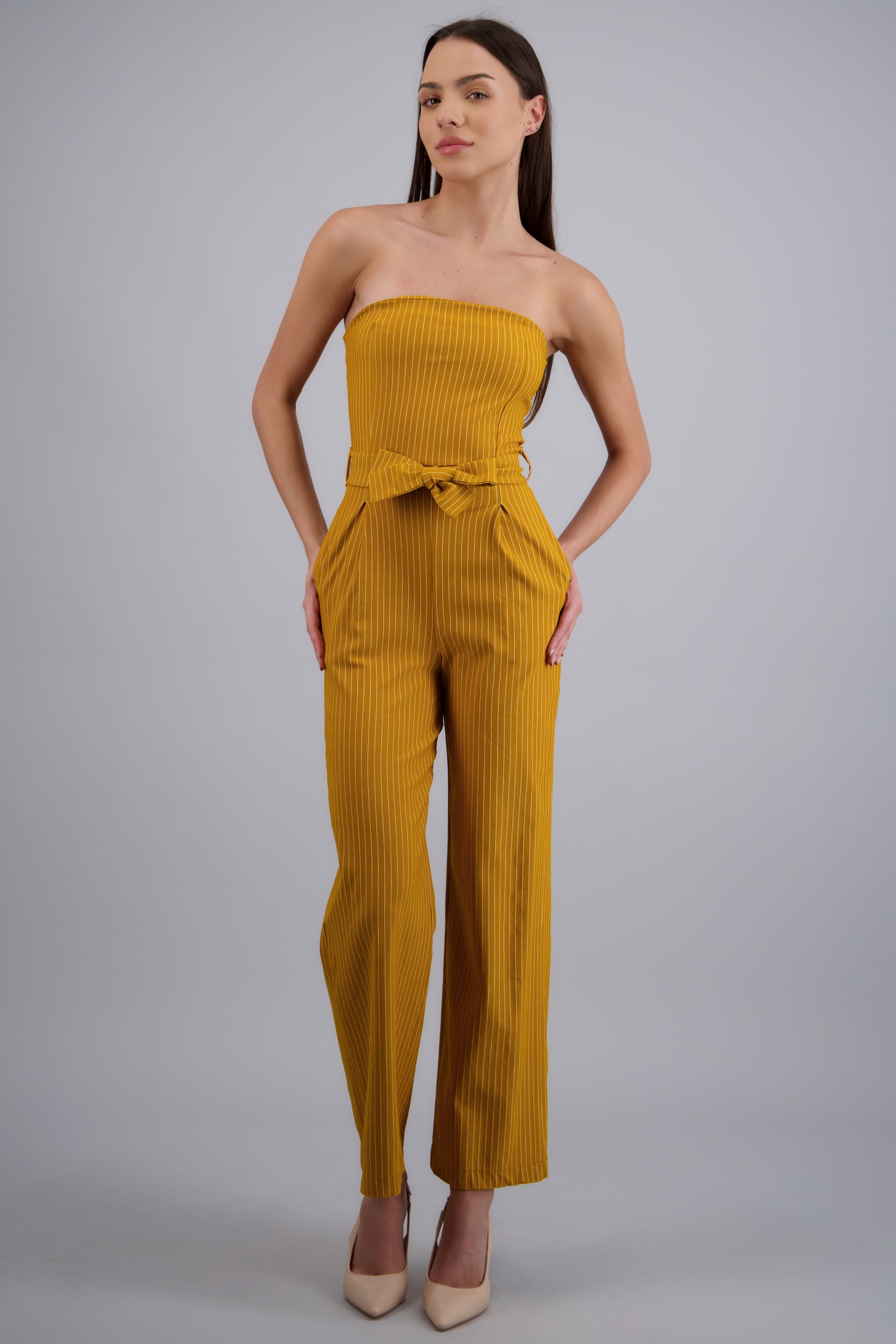 JUMPSUIT STRAPPLES RAYAS DET LASO MOSTAZA