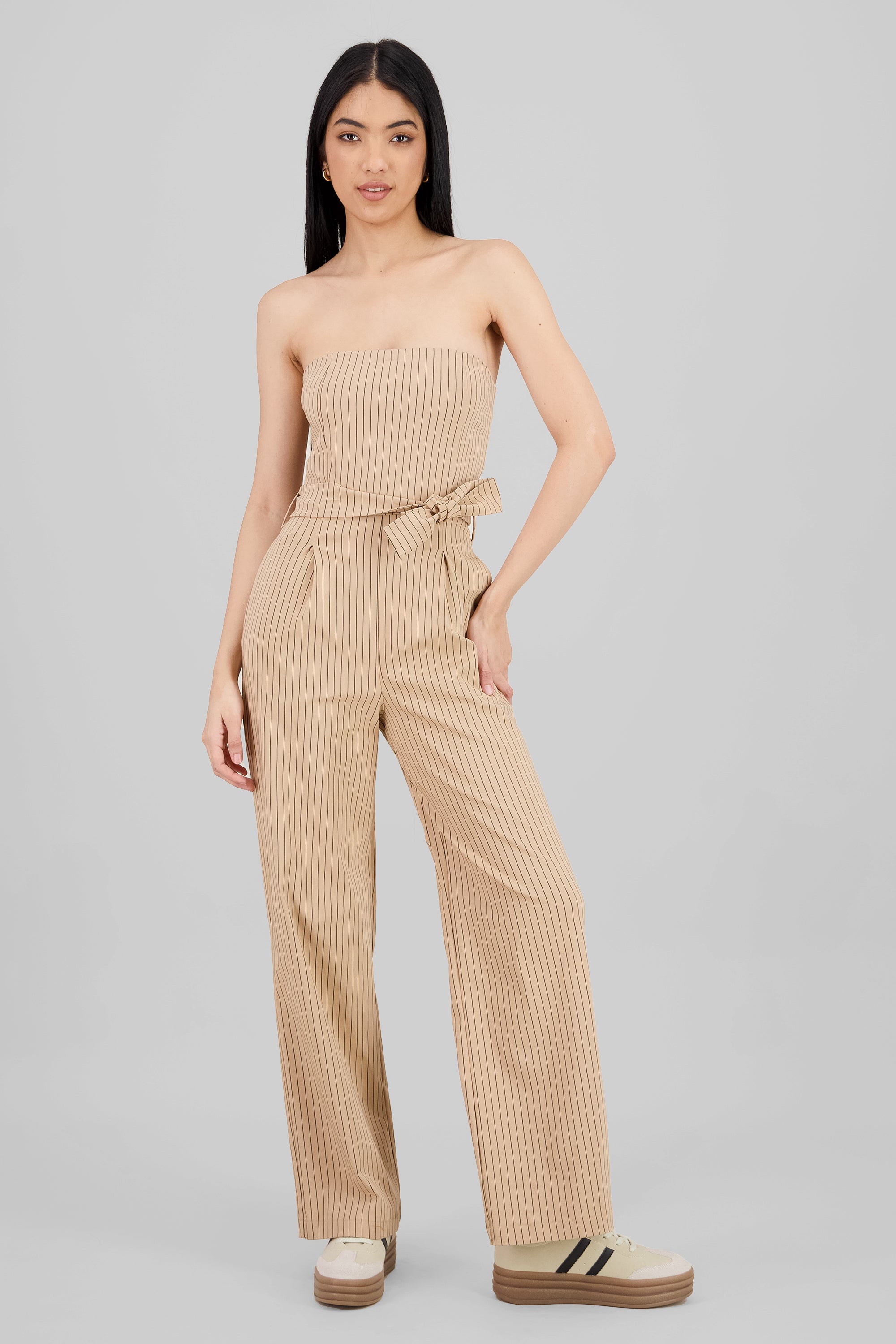 Jumpsuit strapples rayas detalle laso BEIGE