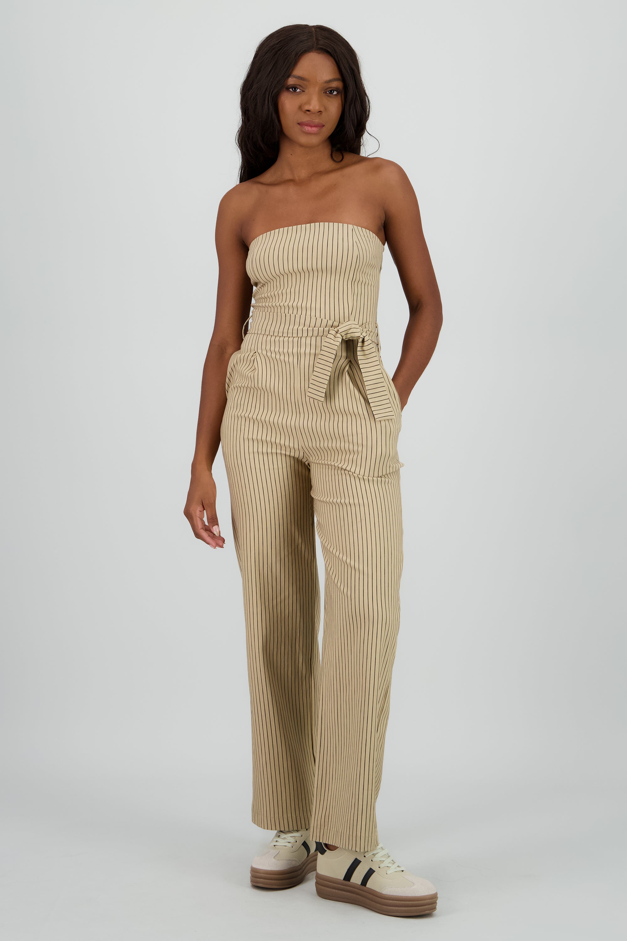 Jumpsuit strapples rayas detalle laso BEIGE