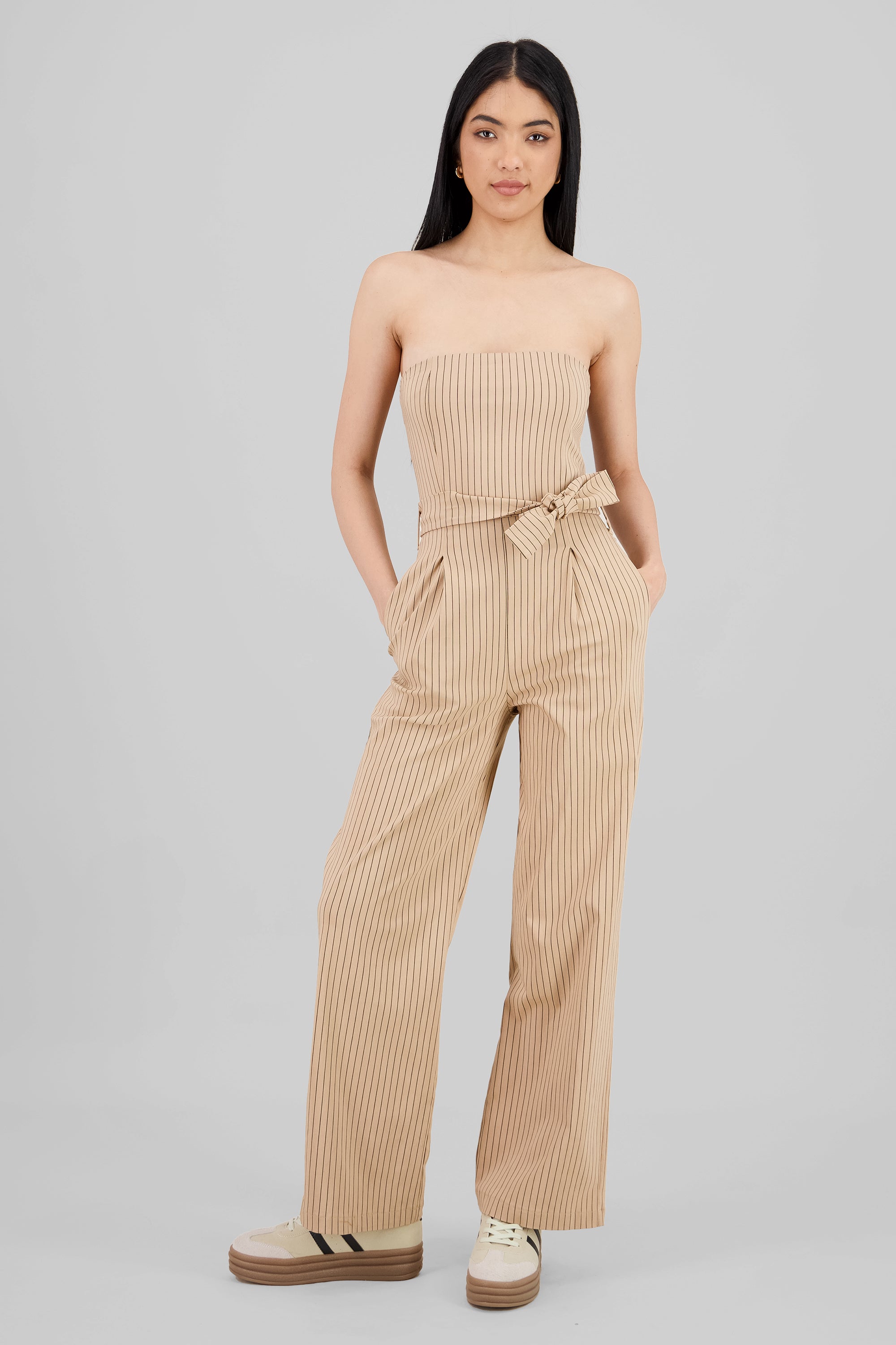 Jumpsuit strapples rayas detalle laso BEIGE