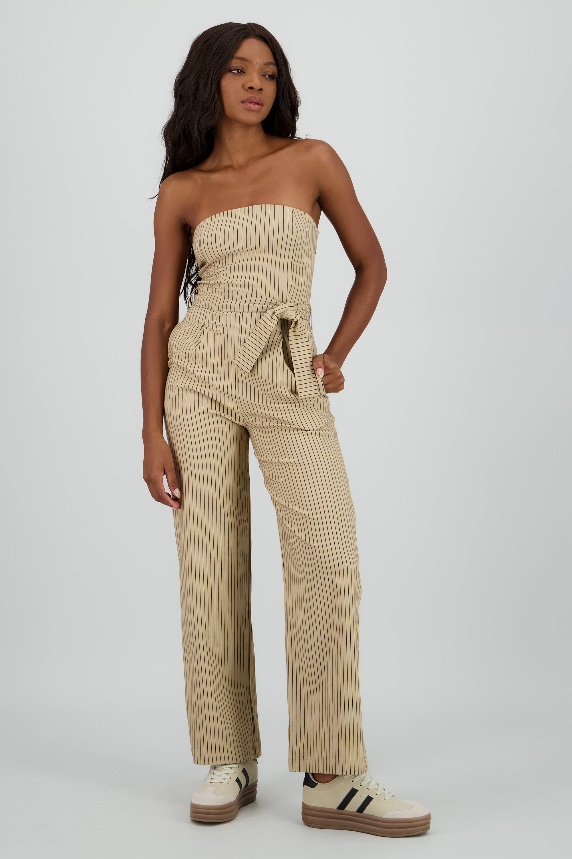 Jumpsuit strapples rayas detalle laso BEIGE