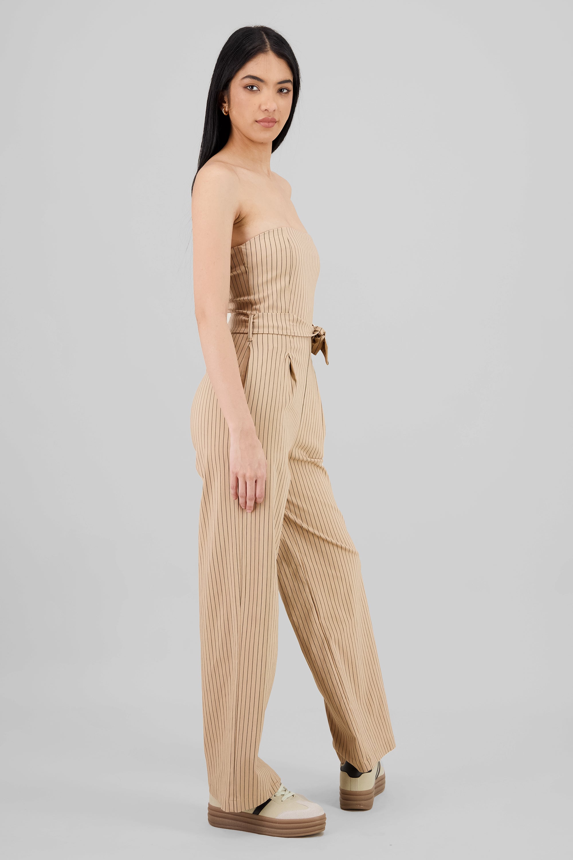 Jumpsuit strapples rayas detalle laso BEIGE