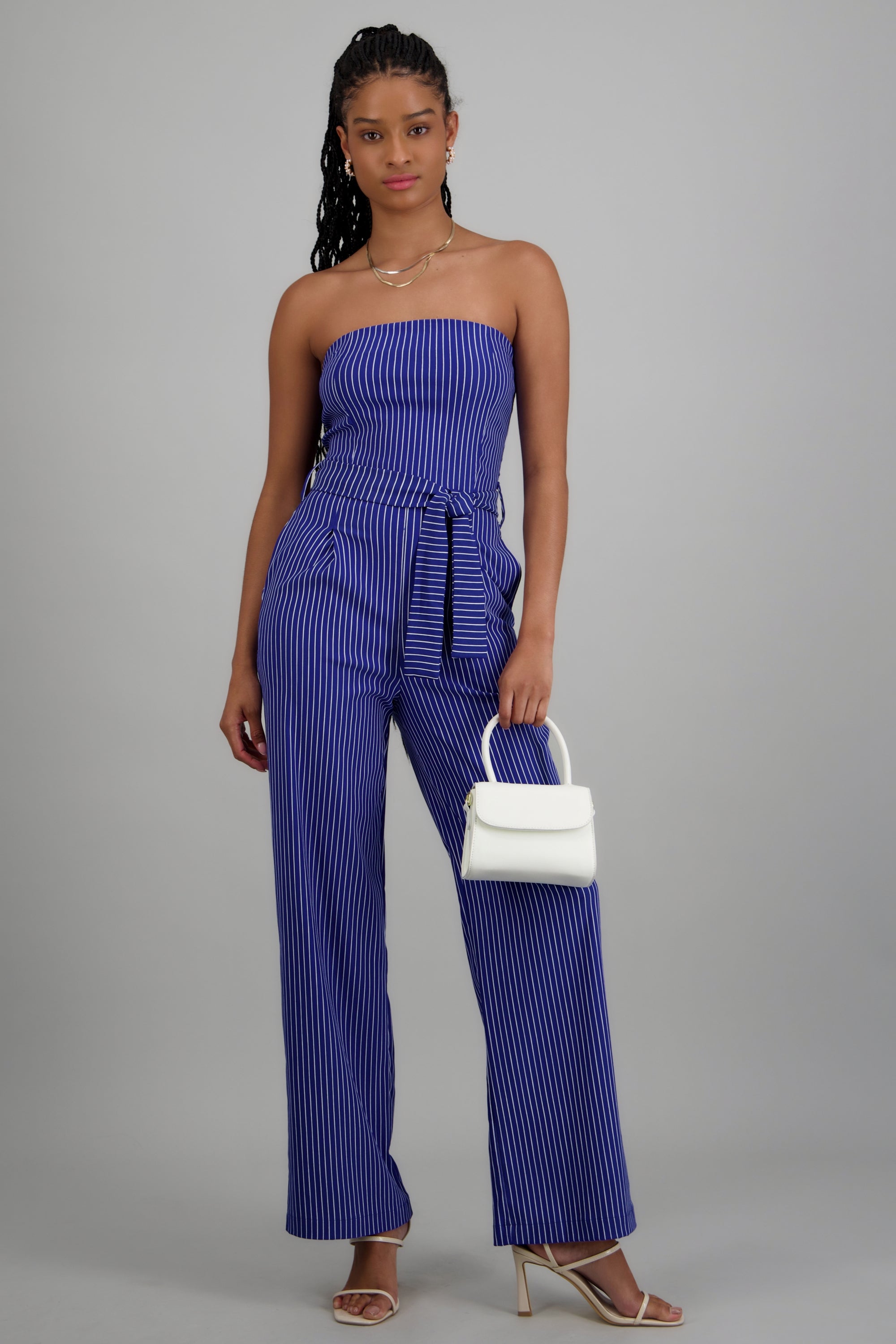 Jumpsuit strapless rayas detalle laso AZUL REY