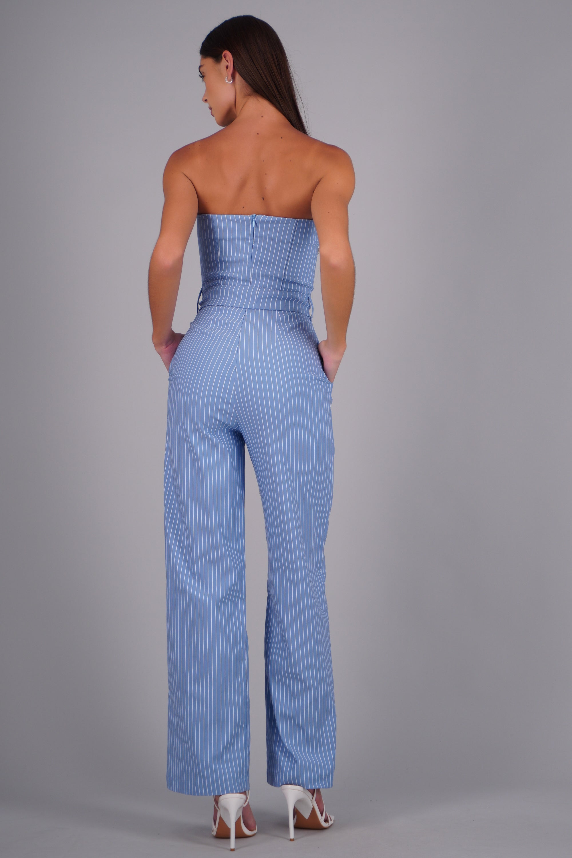Jumpsuit strapless rayas detalle laso AZUL PASTEL