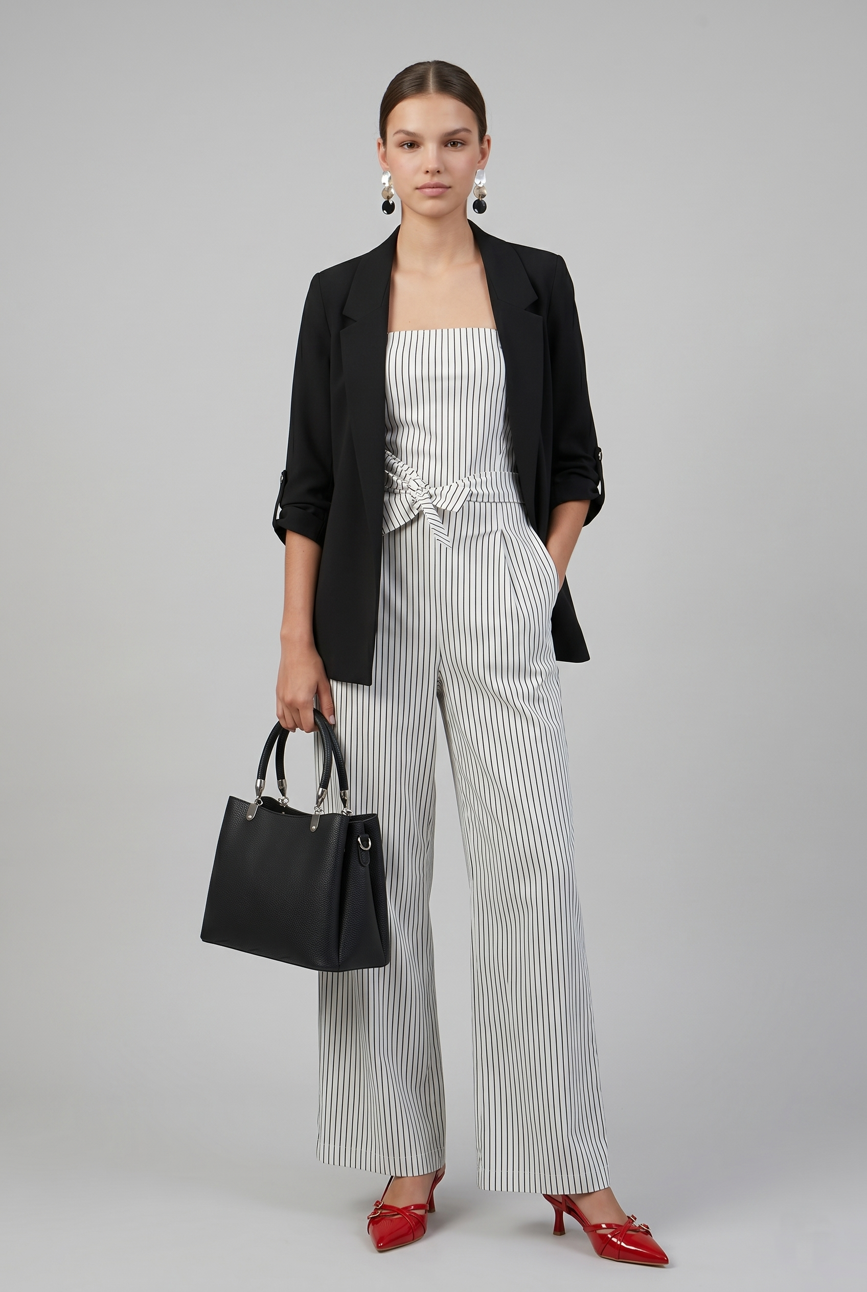 Jumpsuit strapless rayas detalle laso BLANCO COMBO
