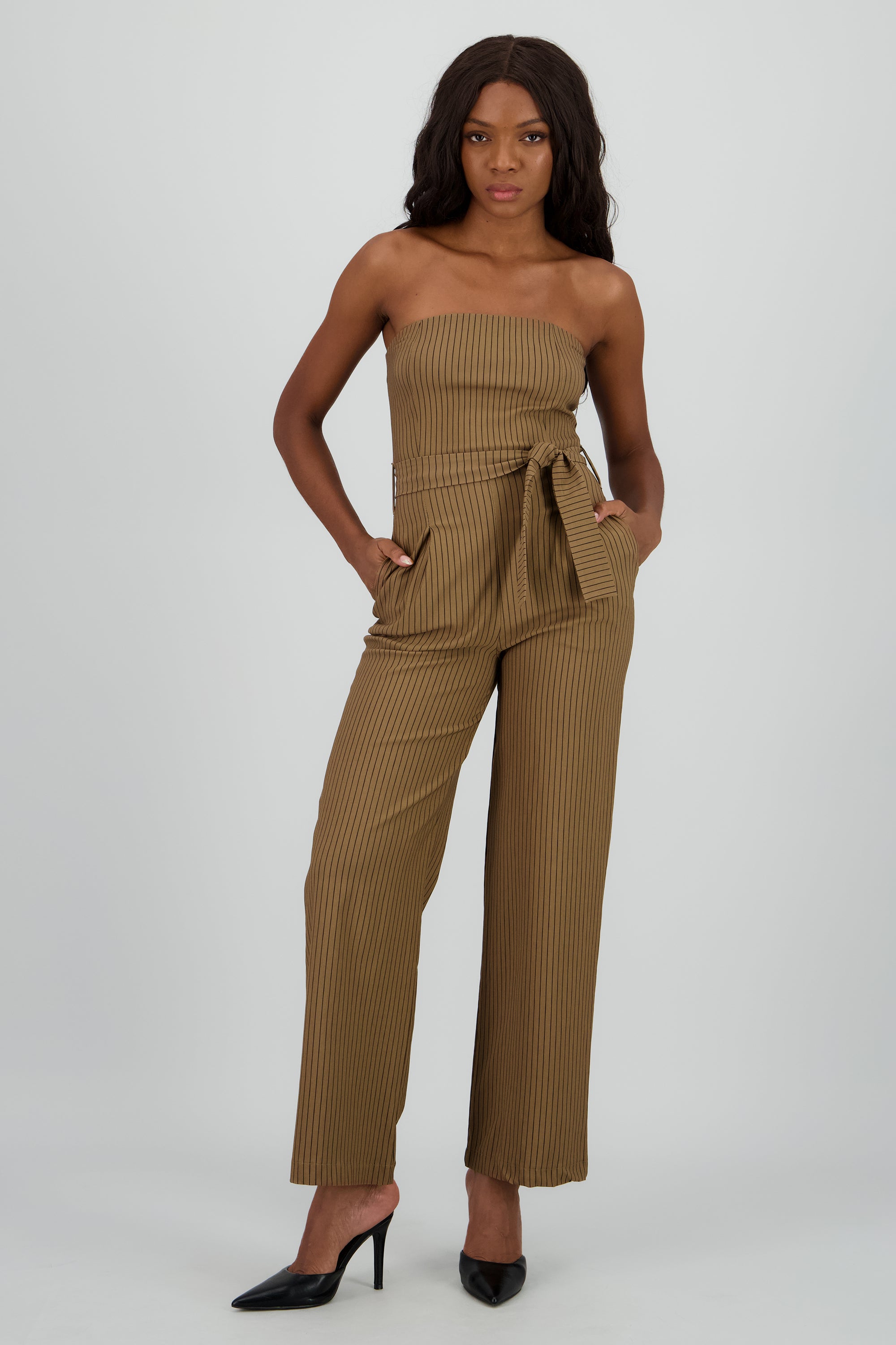 Jumpsuit strapples rayas detalle laso CAFE