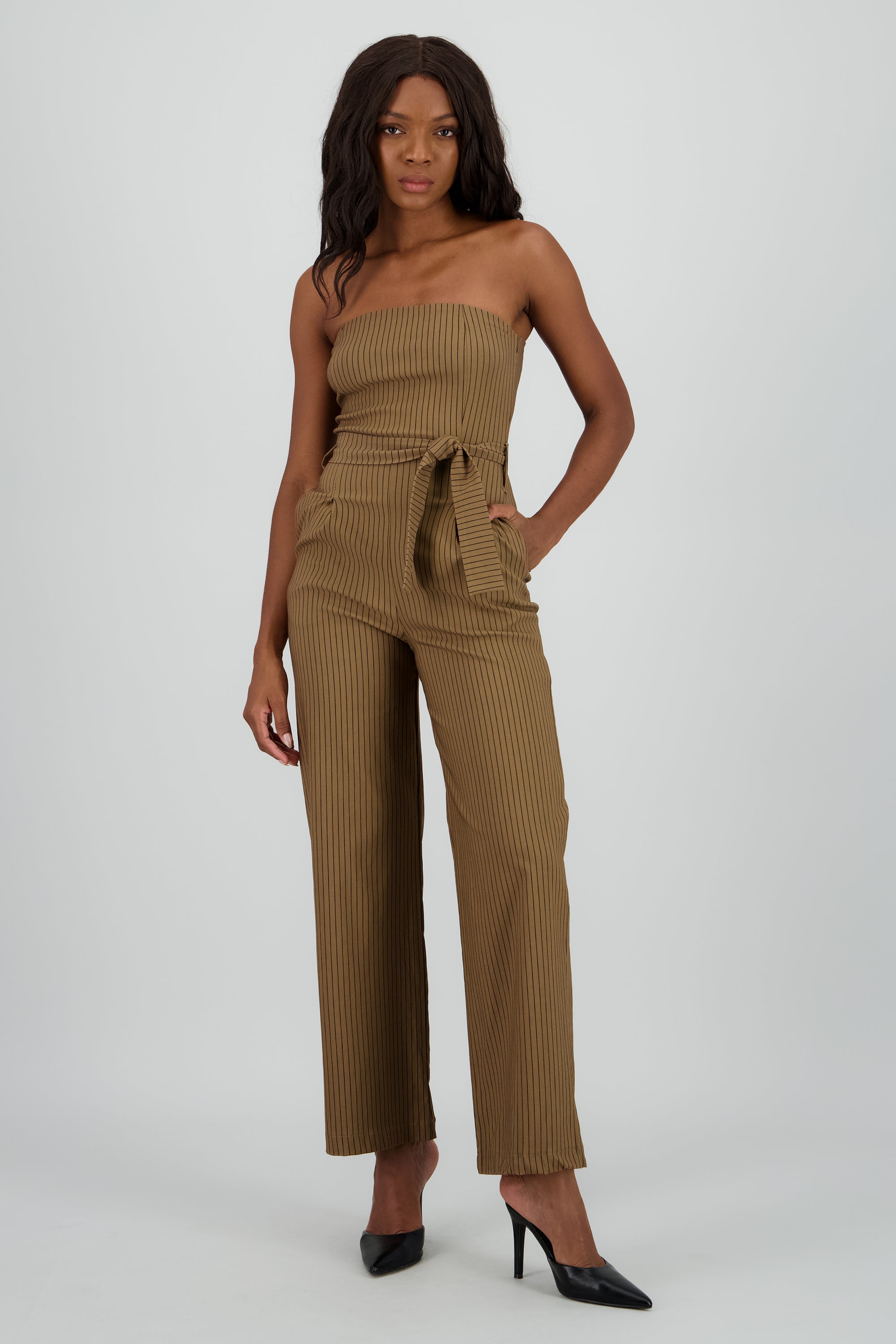 Jumpsuit strapples rayas detalle laso CAFE