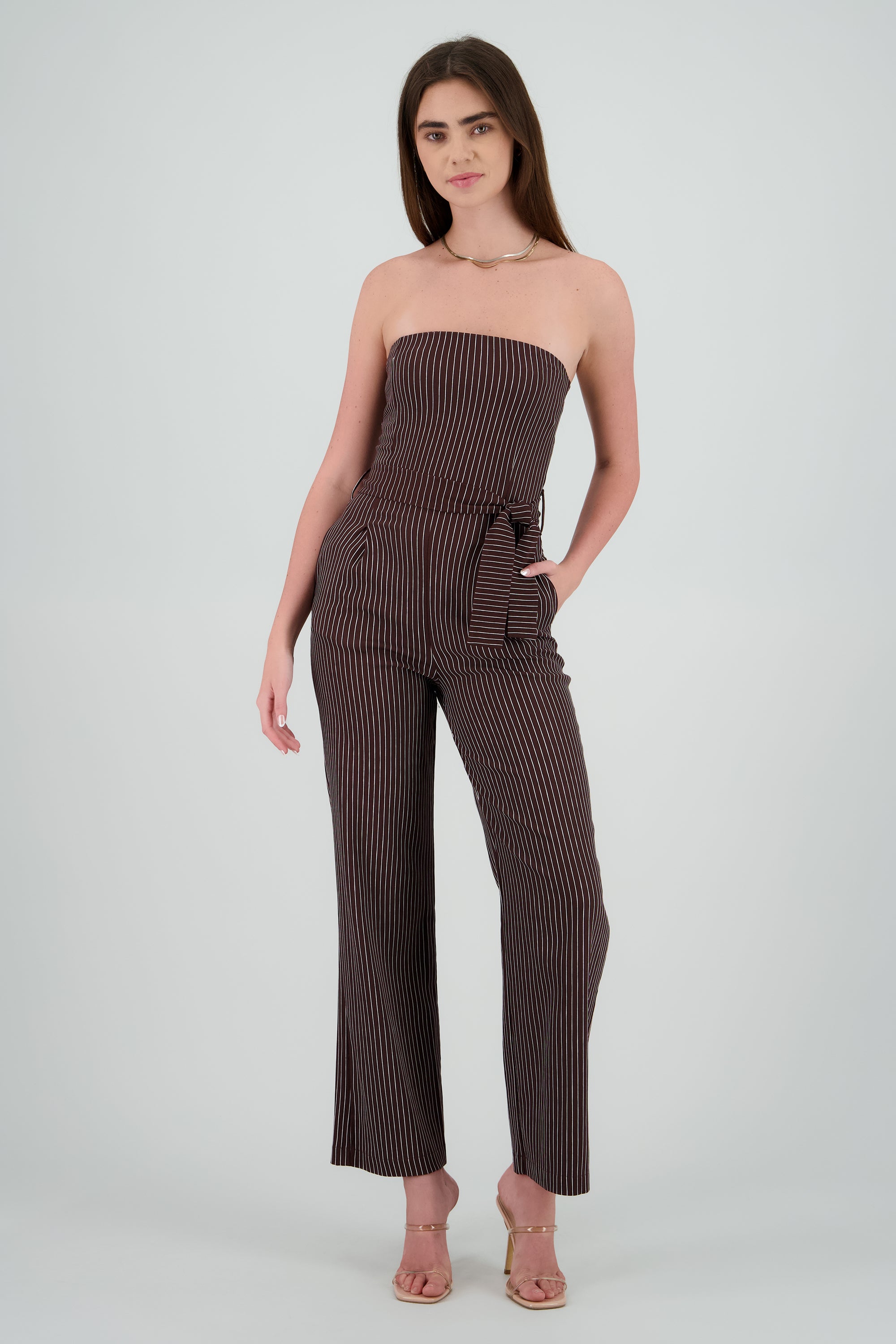 Jumpsuit strapples rayas detalle laso CHOCOLATE