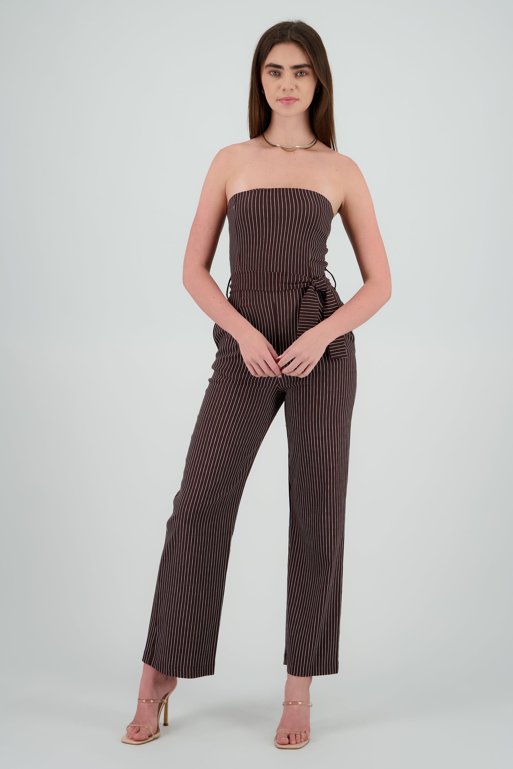 Jumpsuit strapples rayas detalle laso CHOCOLATE