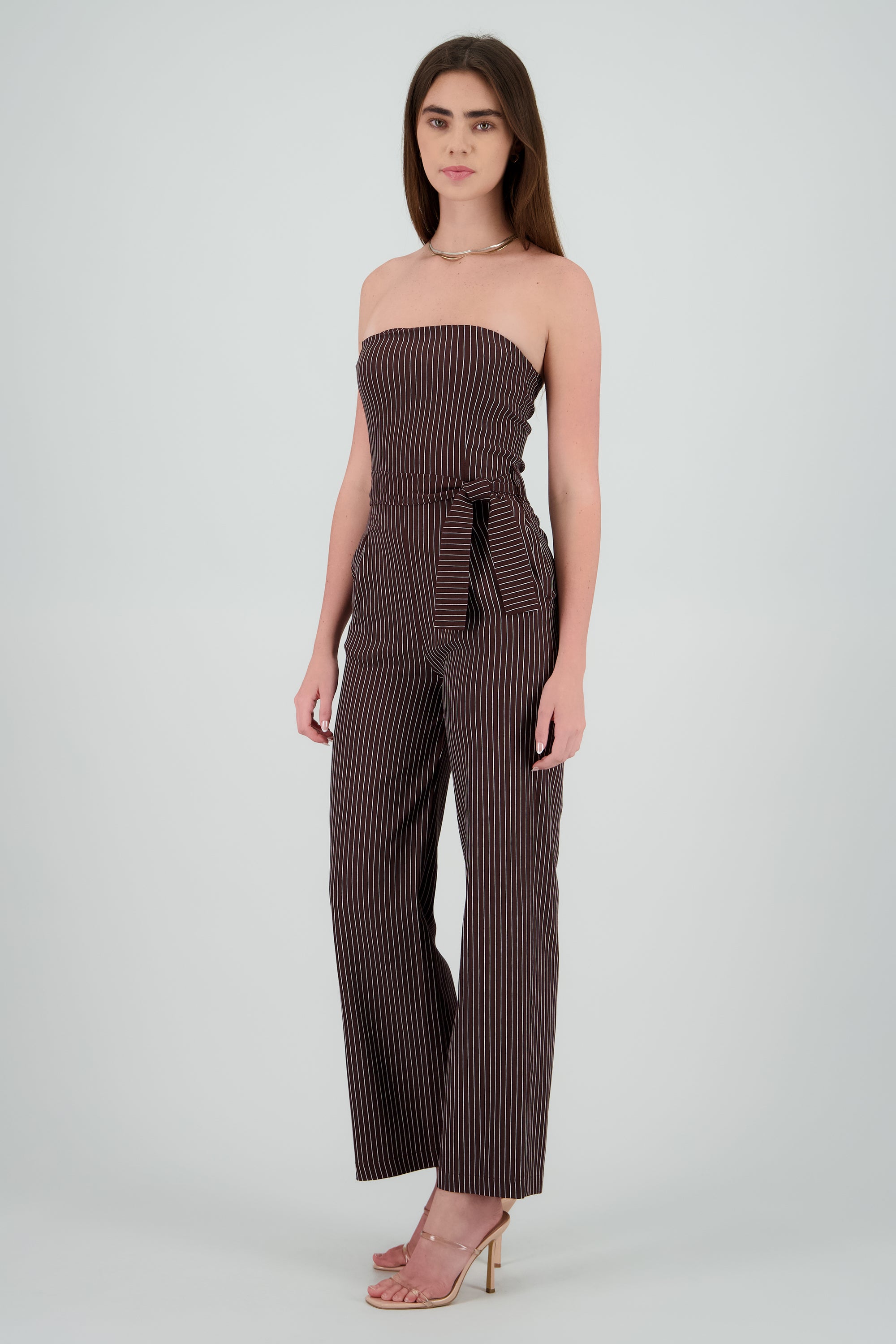 Jumpsuit strapples rayas detalle laso CHOCOLATE