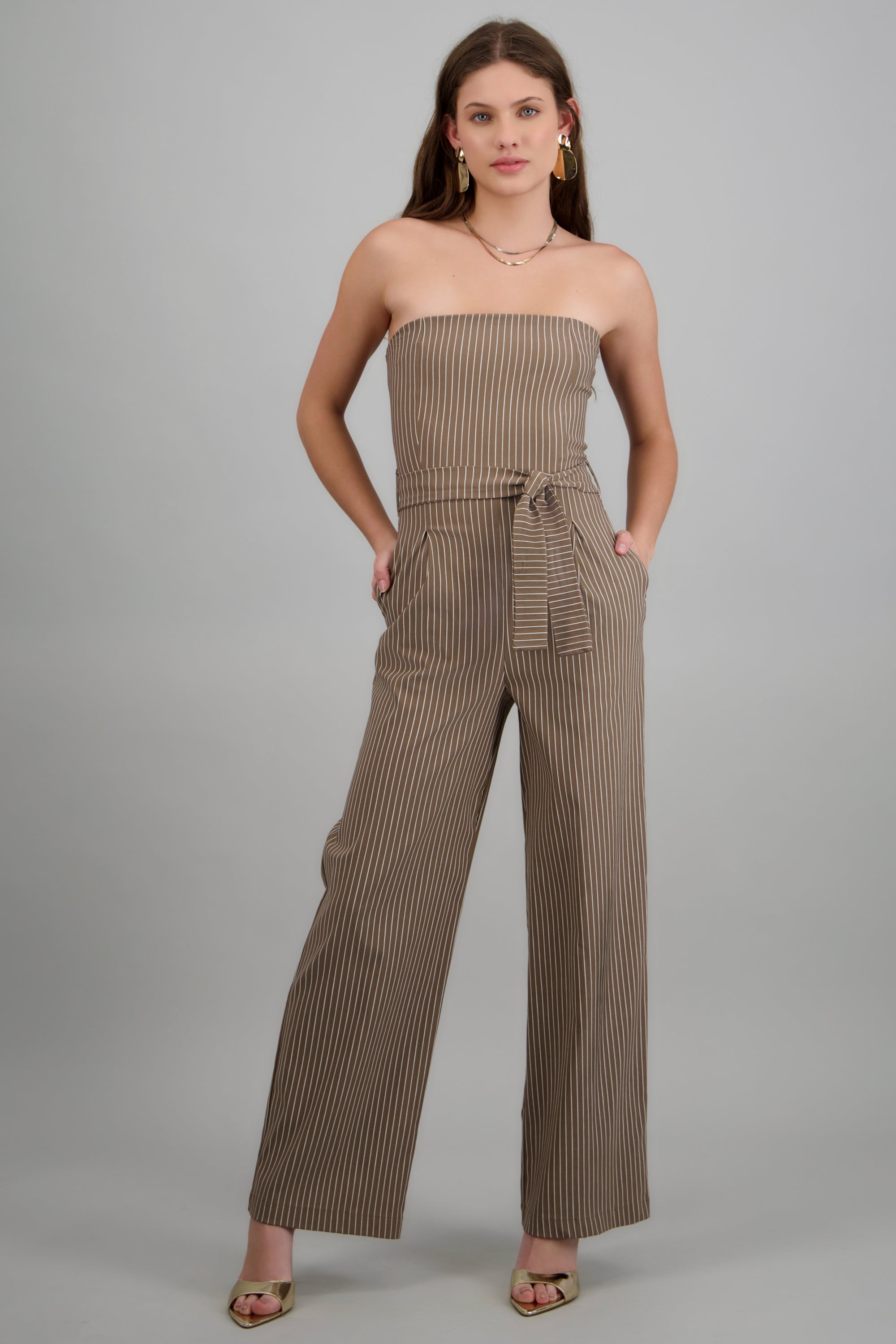 Jumpsuit strapless rayas detalle laso TAUPE
