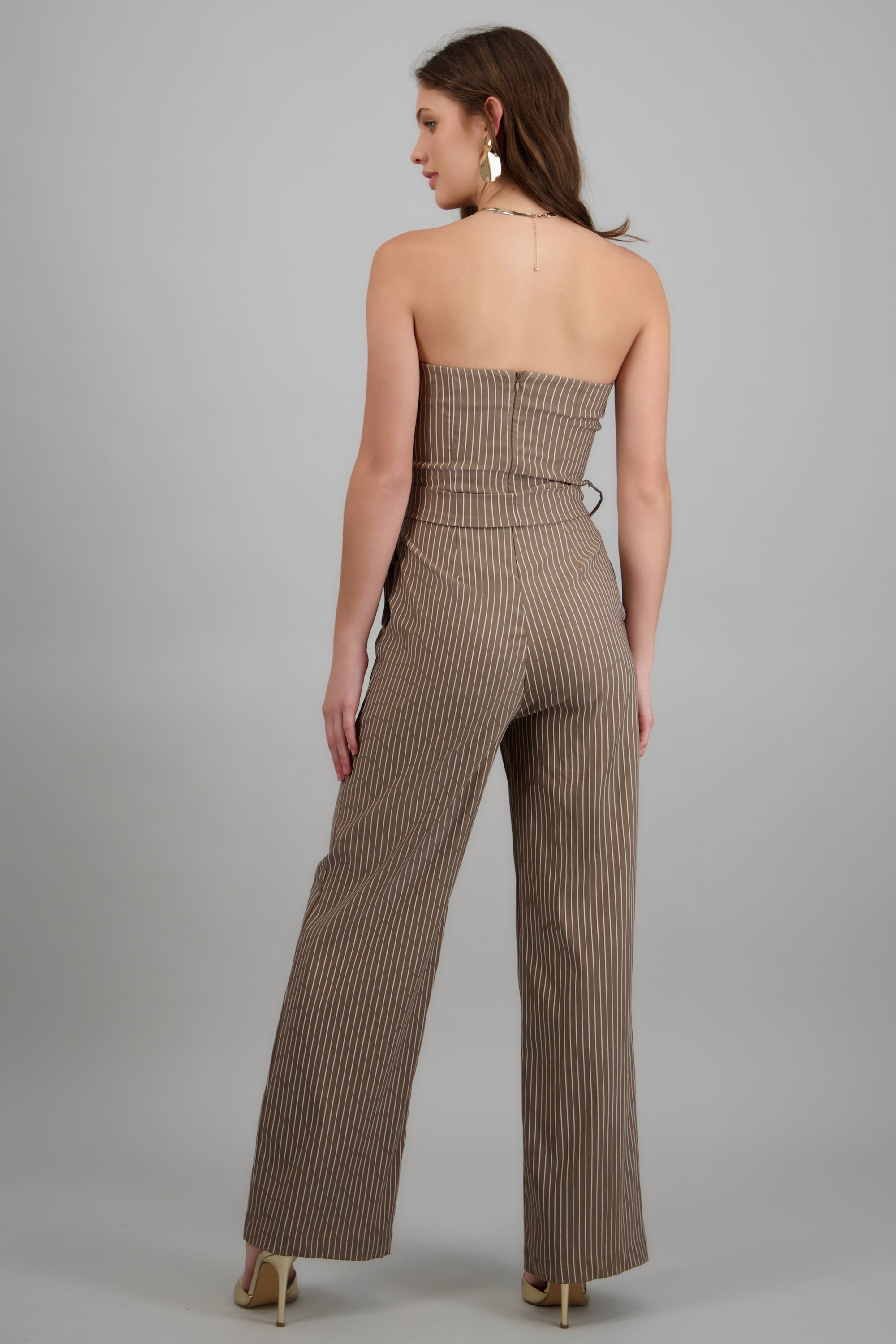 Jumpsuit strapless rayas detalle laso TAUPE