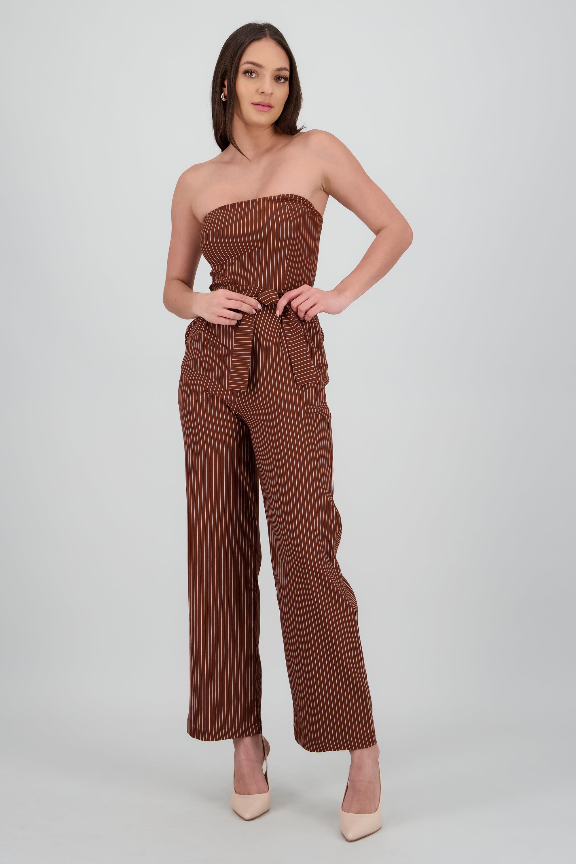 Jumpsuit strapples rayas detalle laso CAFE COMBO