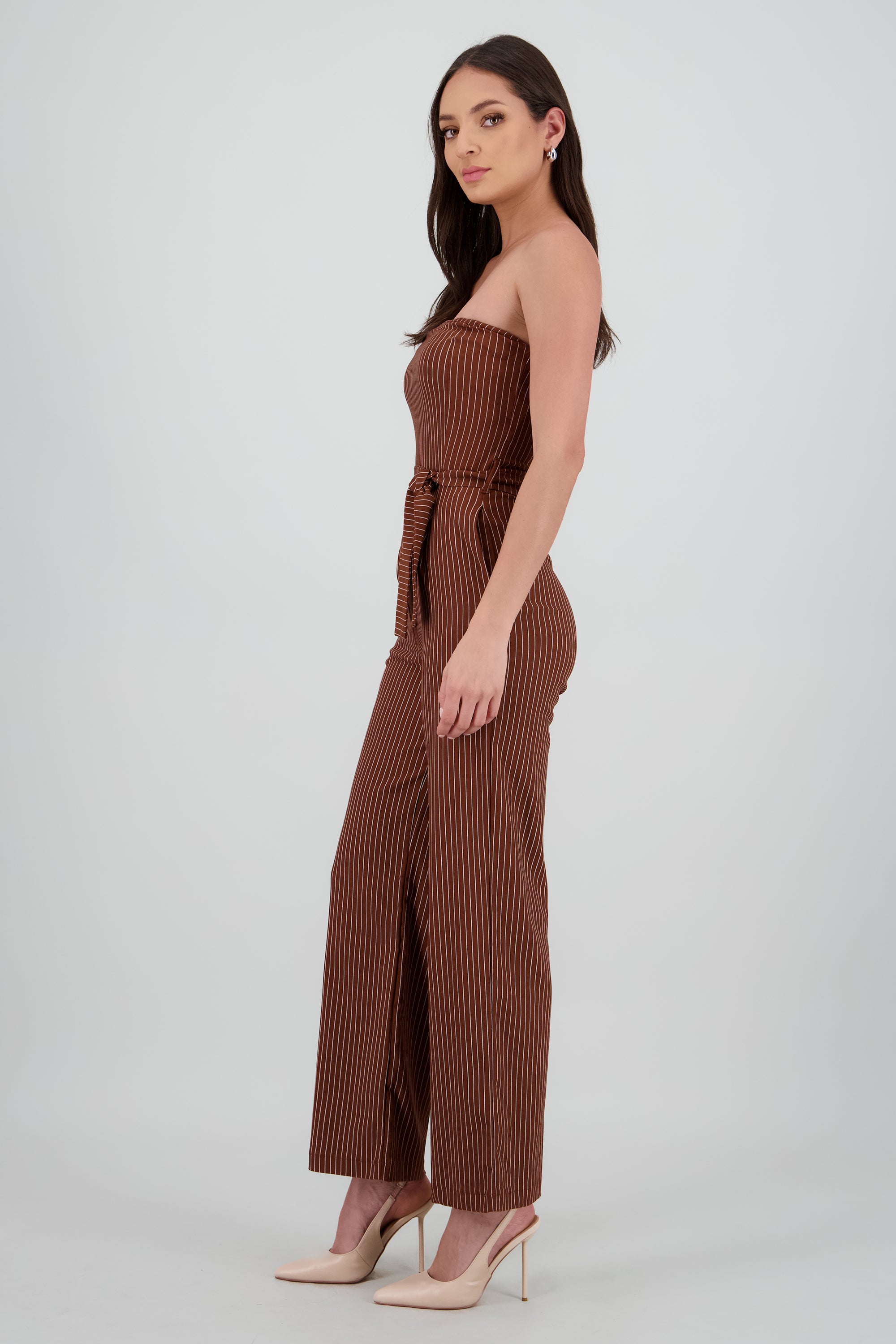 Jumpsuit strapples rayas detalle laso CAFE COMBO